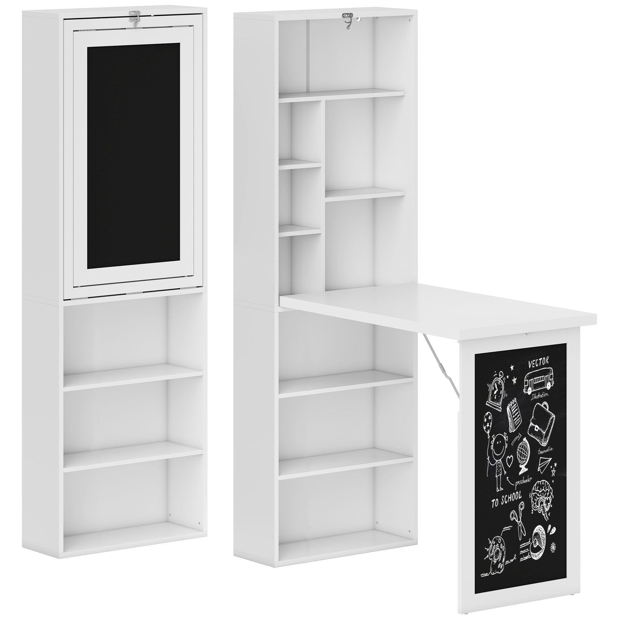 Bureau informatique pliable, bureau avec bibliothèque, poste de travail, tableau noir, 9 compartiments ouverts et étagère réglable, table d'ordinateur pour chambre, 98x51x153cm, blanc