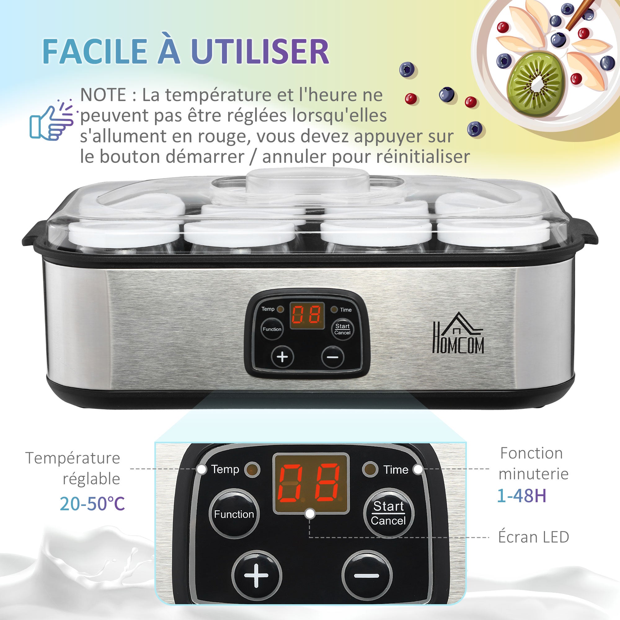Yaourtière avec 8 pots en verre de 180ml, machine à yaourt électrique en acier inoxydable avec minuterie, thermostat réglable et affichage numérique pour des desserts maison sains