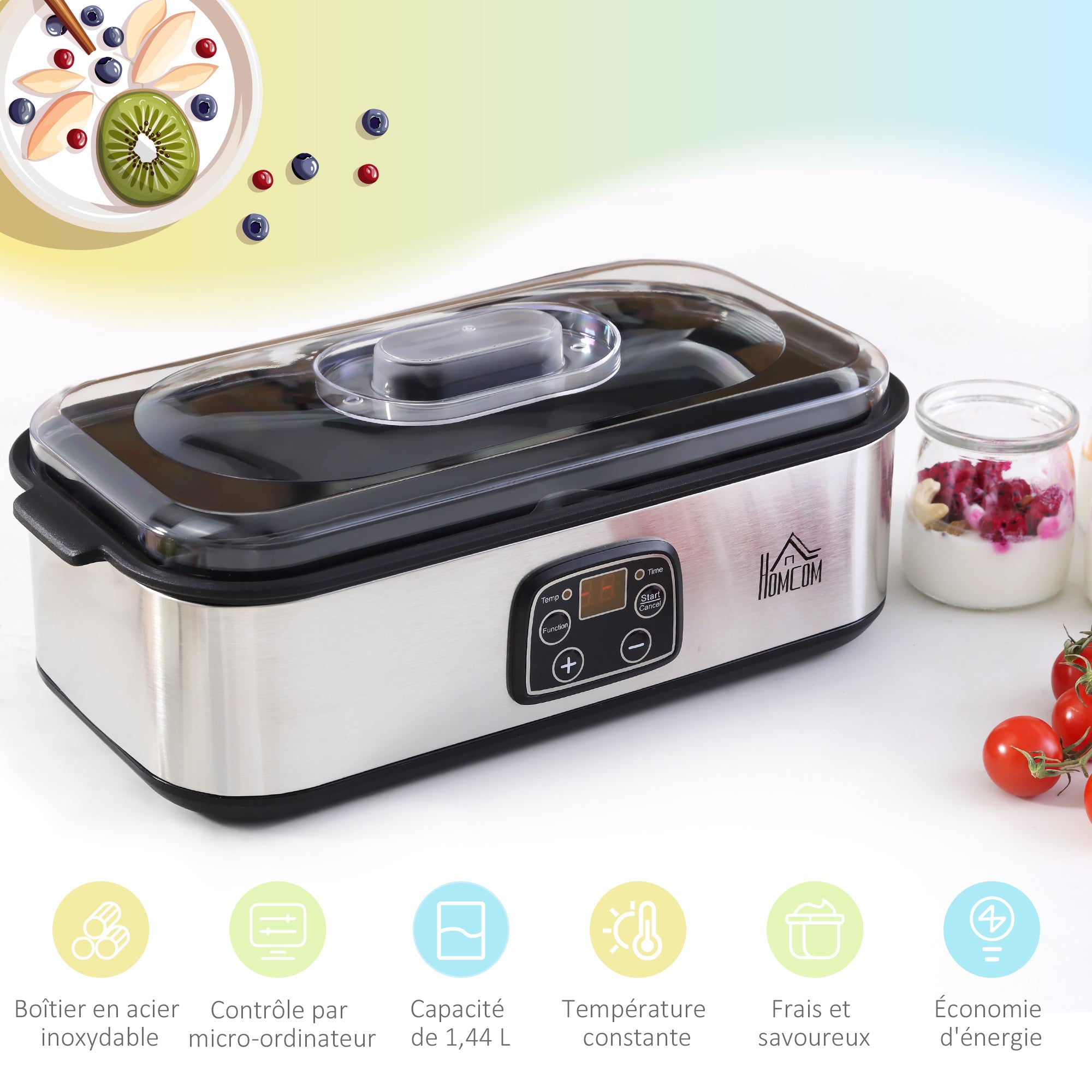 Yaourtière avec 8 pots en verre de 180ml, machine à yaourt électrique en acier inoxydable avec minuterie, thermostat réglable et affichage numérique pour des desserts maison sains
