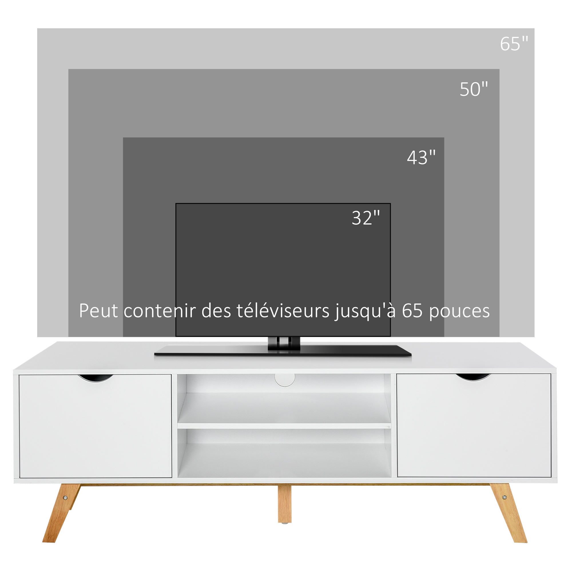 Meuble TV Banc TV sur Pied Moderne Scandinave 2 Portes 2 niches en Bois Blanc 150L x 39l x 50H cm