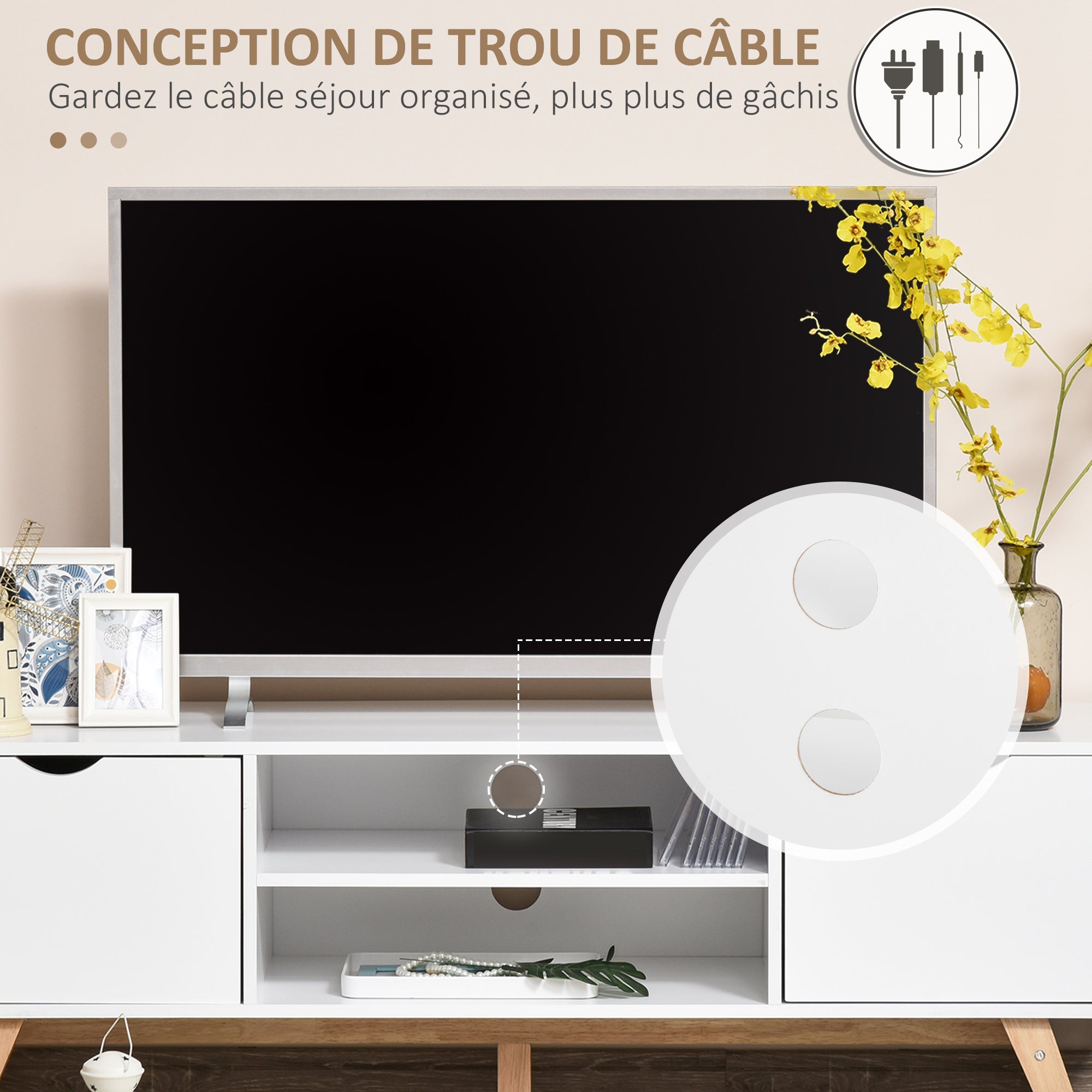 Meuble TV Banc TV sur Pied Moderne Scandinave 2 Portes 2 niches en Bois Blanc 150L x 39l x 50H cm