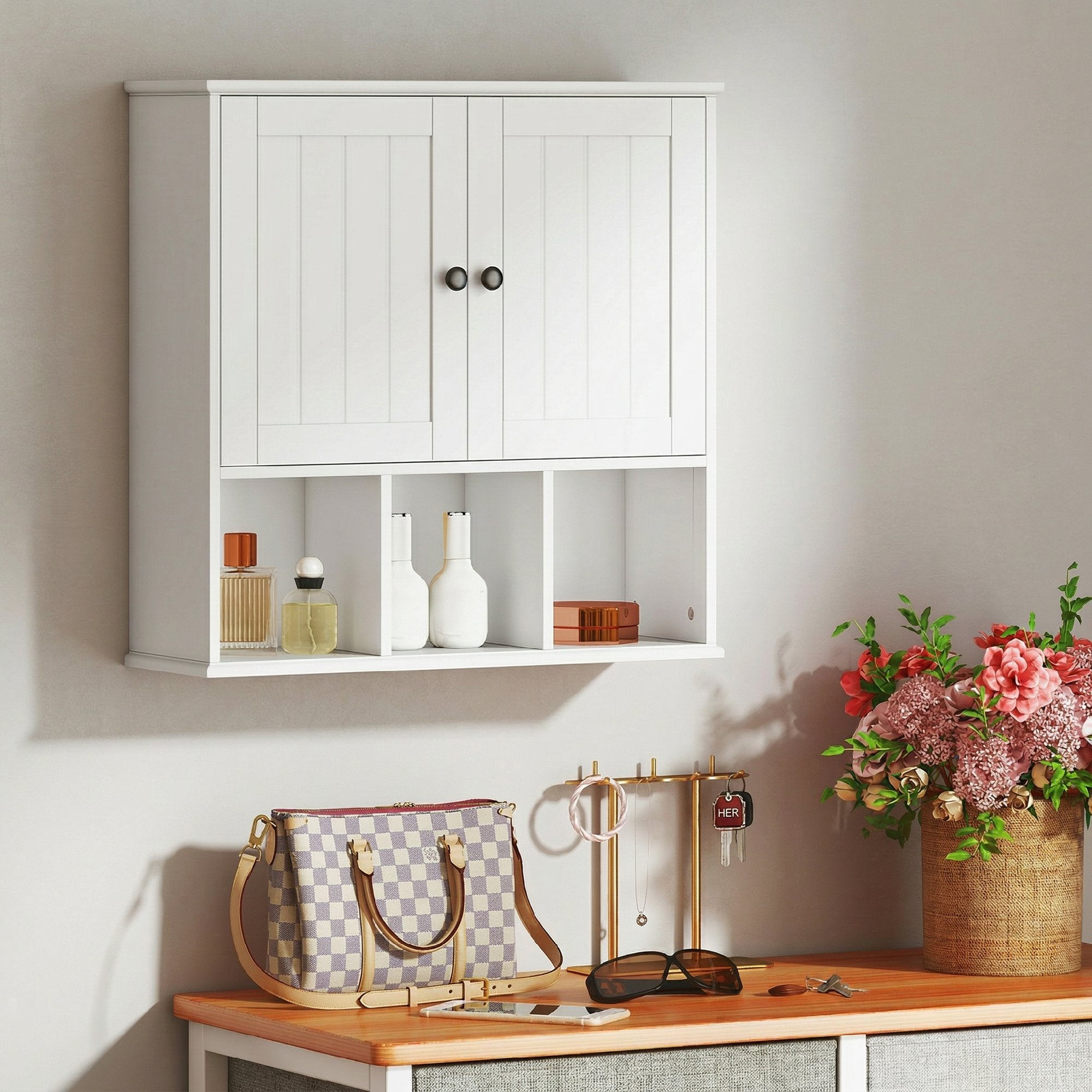 Armoire murale de salle de bain, meuble de rangement suspendu pour salle de bains avec 2 portes, étagère réglable et compartiments ouverts, meuble WC suspendu, 60 x 19,5 x 60 cm, blanc