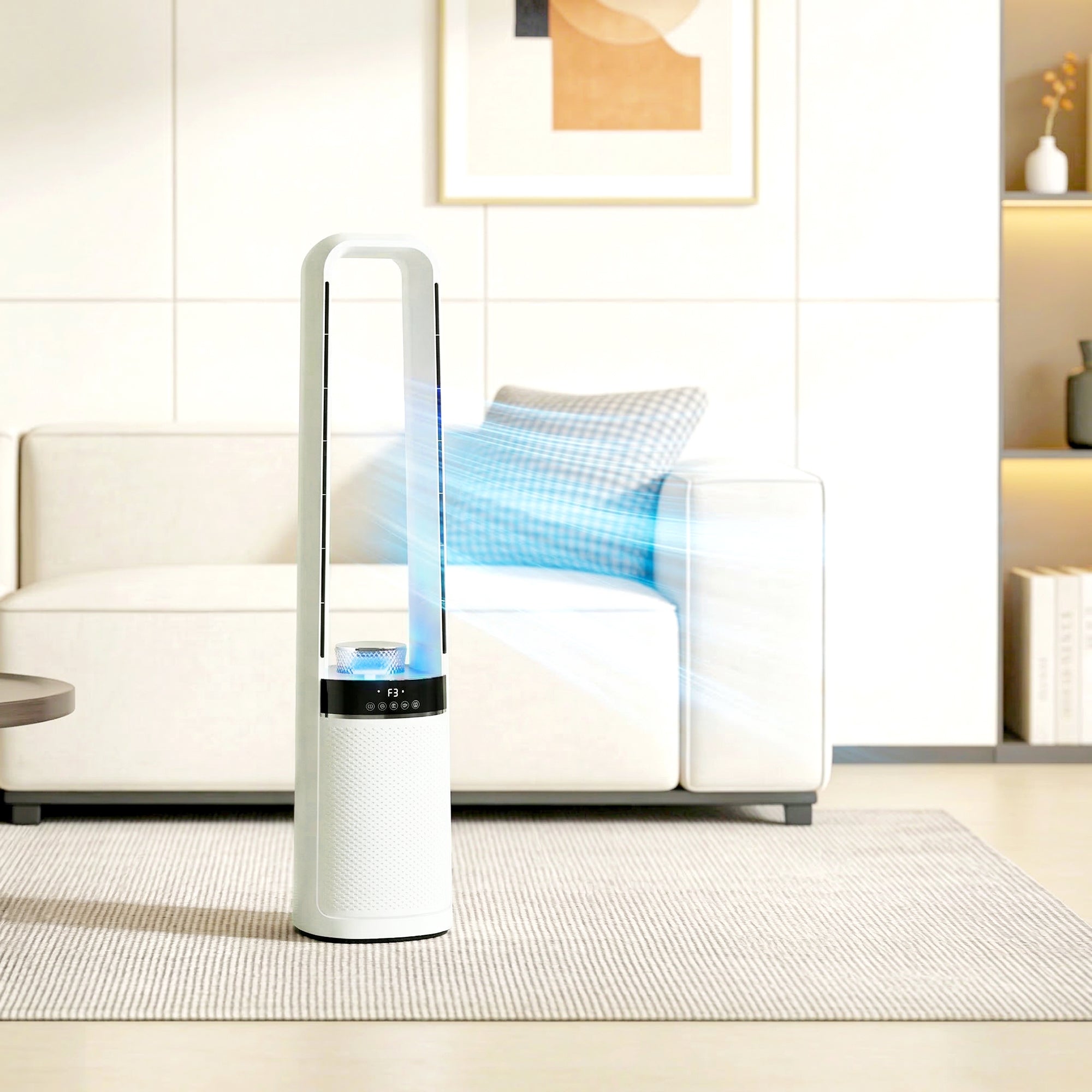 Ventilateur colonne silencieux 36dB, ventilateur tour pour chambre, 93,3cm de haut, oscillant à 45°, lumières LED, 3 vitesses, minuteur 12H, télécommande, blanc