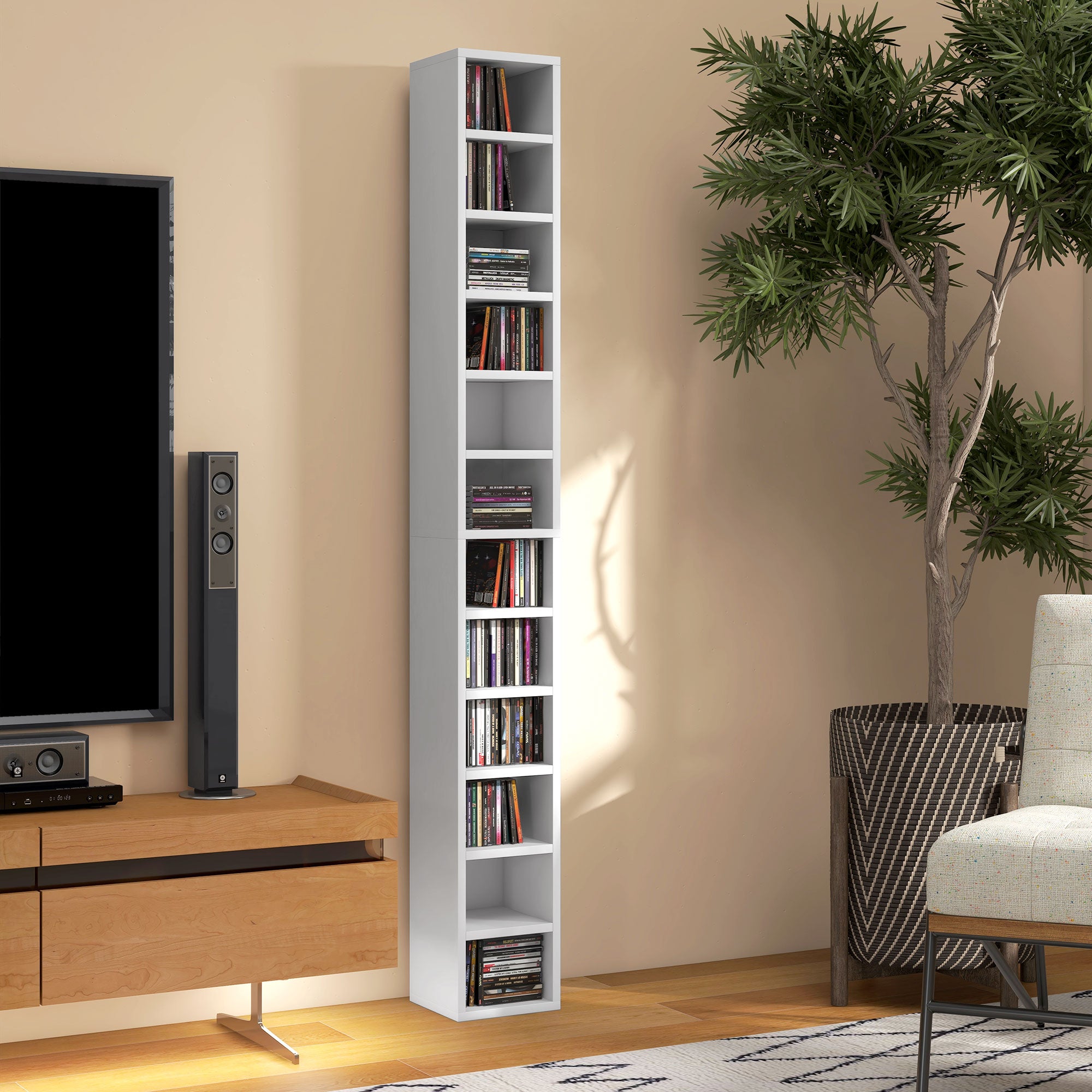 Rangements pour CD et DVD, étagère colonne de rangement, meuble de rangement avec 12 compartiments, capacité max. 204 CD, 21 x 20 x 175 cm, blanc