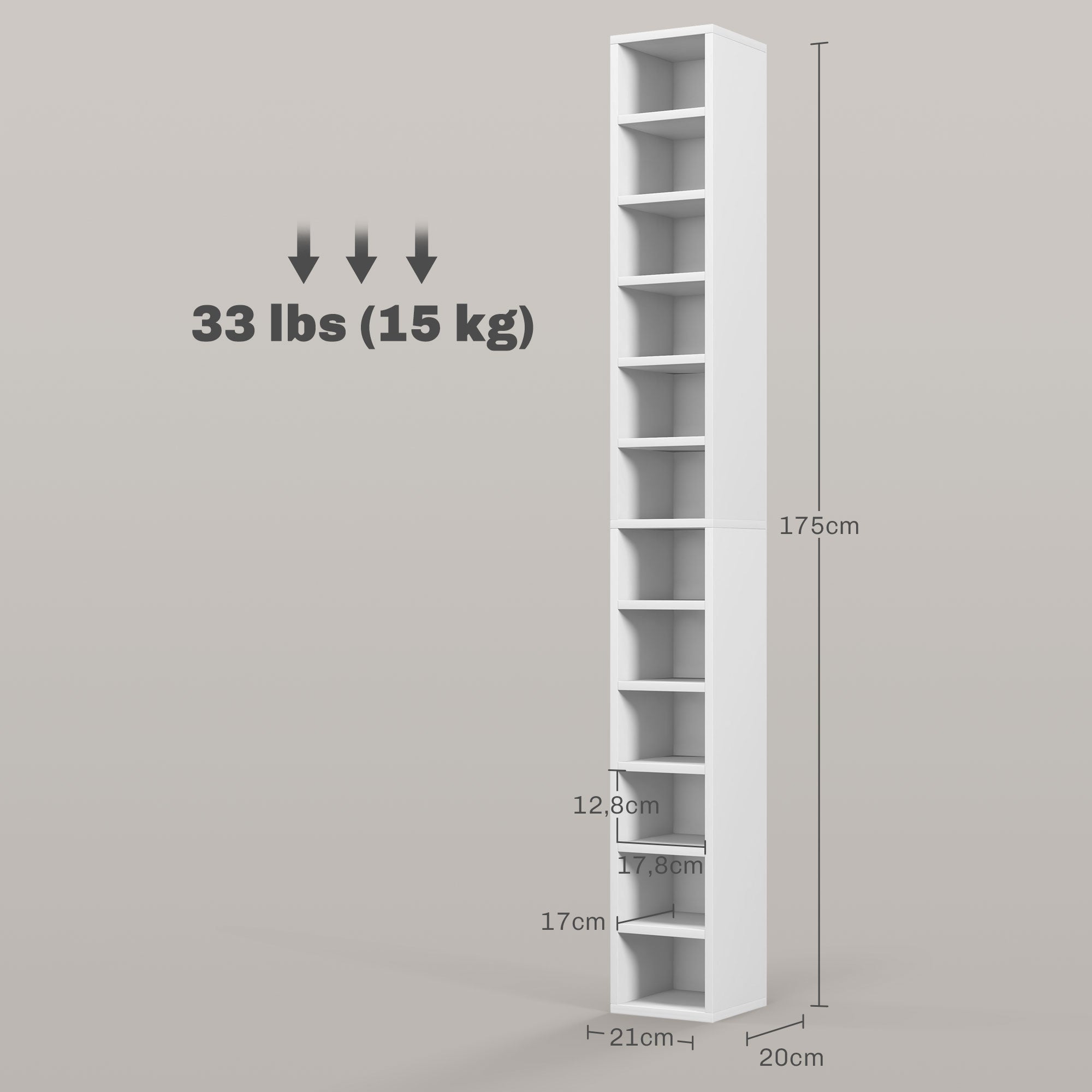 Rangements pour CD et DVD, étagère colonne de rangement, meuble de rangement avec 12 compartiments, capacité max. 204 CD, 21 x 20 x 175 cm, blanc