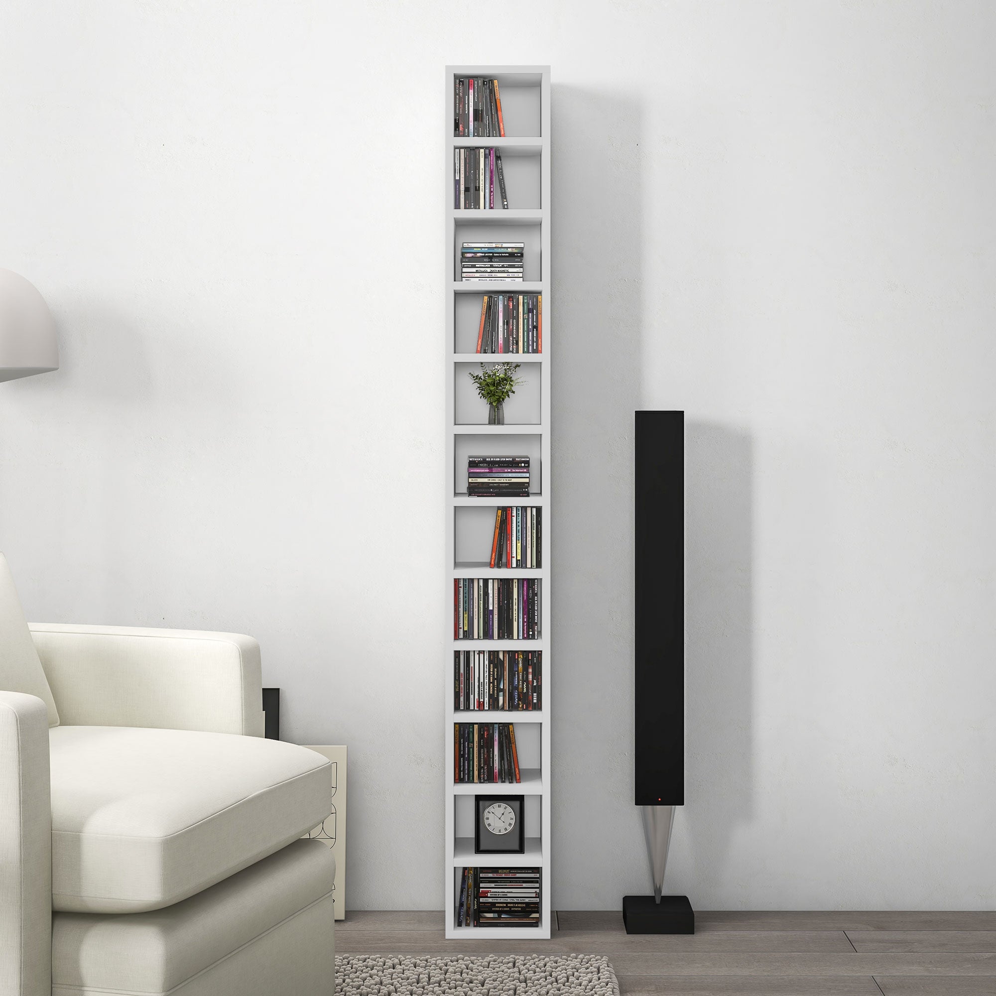 Rangements pour CD et DVD, étagère colonne de rangement, meuble de rangement avec 12 compartiments, capacité max. 204 CD, 21 x 20 x 175 cm, blanc