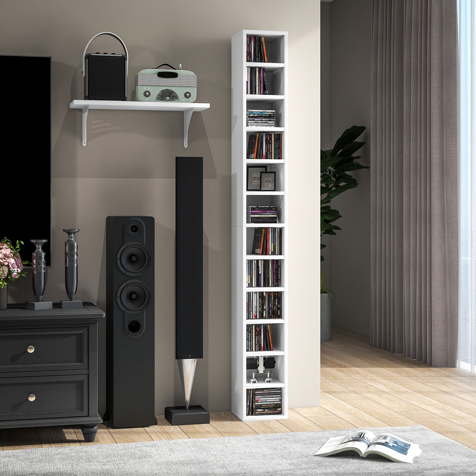 Rangements pour CD et DVD, étagère colonne de rangement, meuble de rangement avec 12 compartiments, capacité max. 204 CD, 21 x 20 x 175 cm, blanc