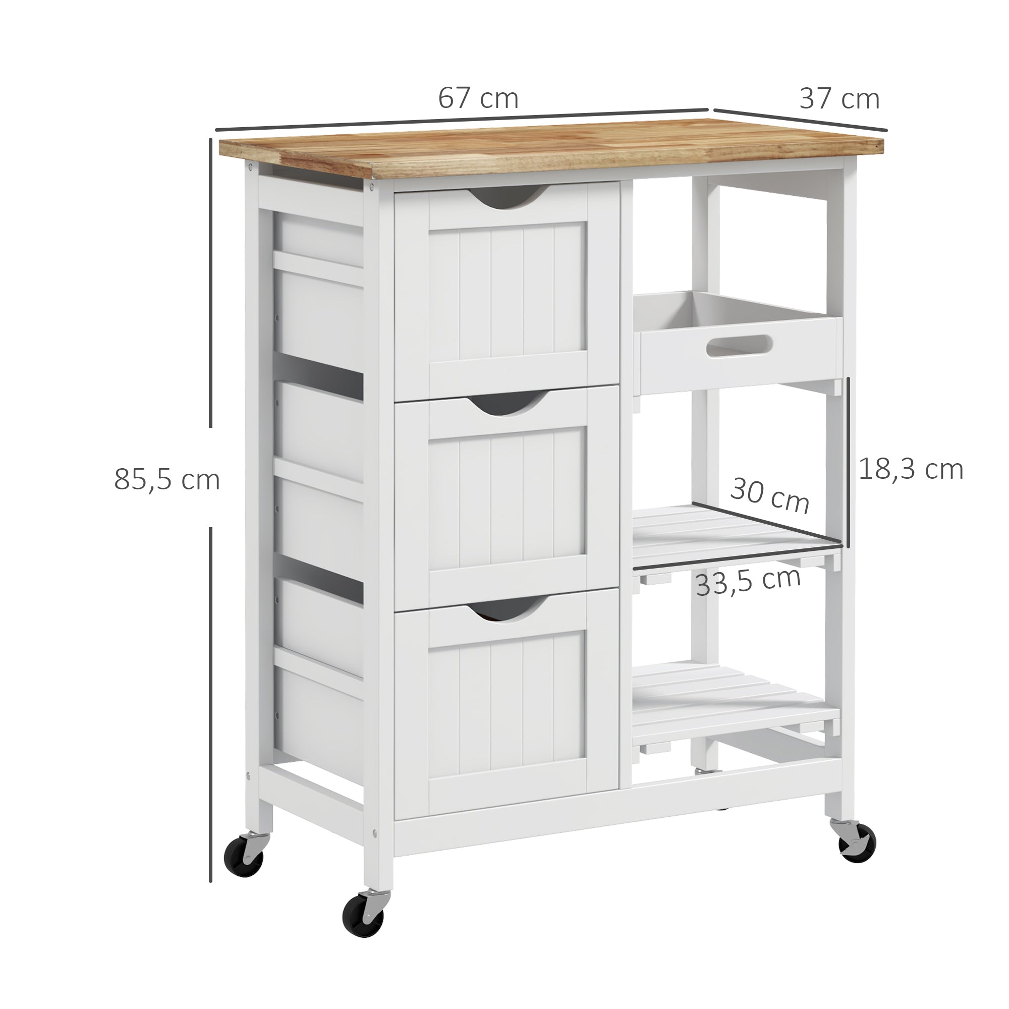 Chariot de service desserte de cuisine à roulettes plan de travail en bois de caoutchouc 3 tiroirs + 1 plateau amovible 67 x 37 x 85,5 cm blanc