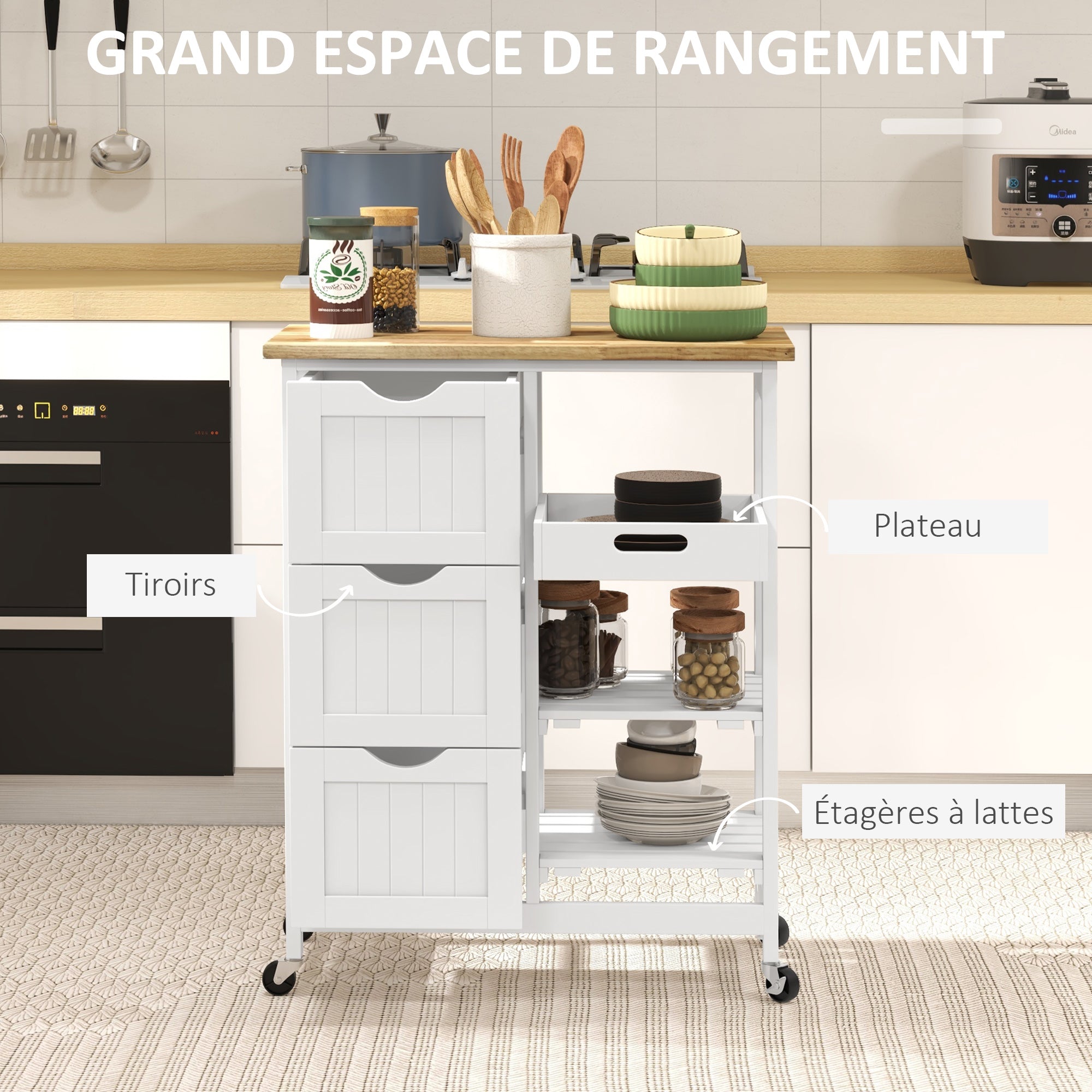 Chariot de service desserte de cuisine à roulettes plan de travail en bois de caoutchouc 3 tiroirs + 1 plateau amovible 67 x 37 x 85,5 cm blanc