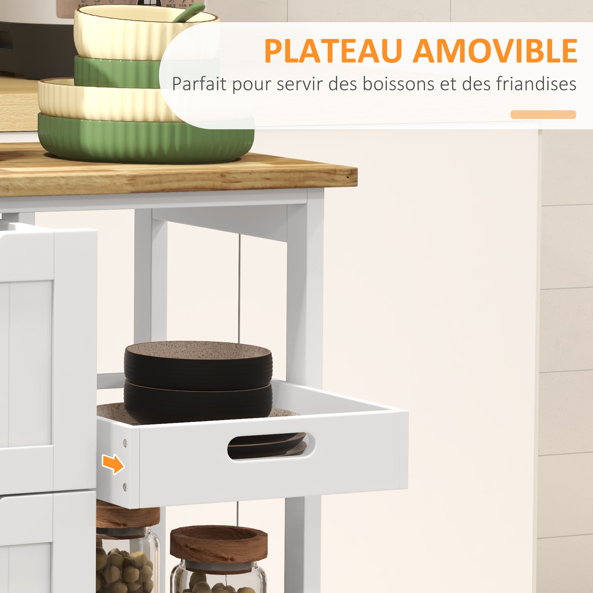 Chariot de service desserte de cuisine à roulettes plan de travail en bois de caoutchouc 3 tiroirs + 1 plateau amovible 67 x 37 x 85,5 cm blanc