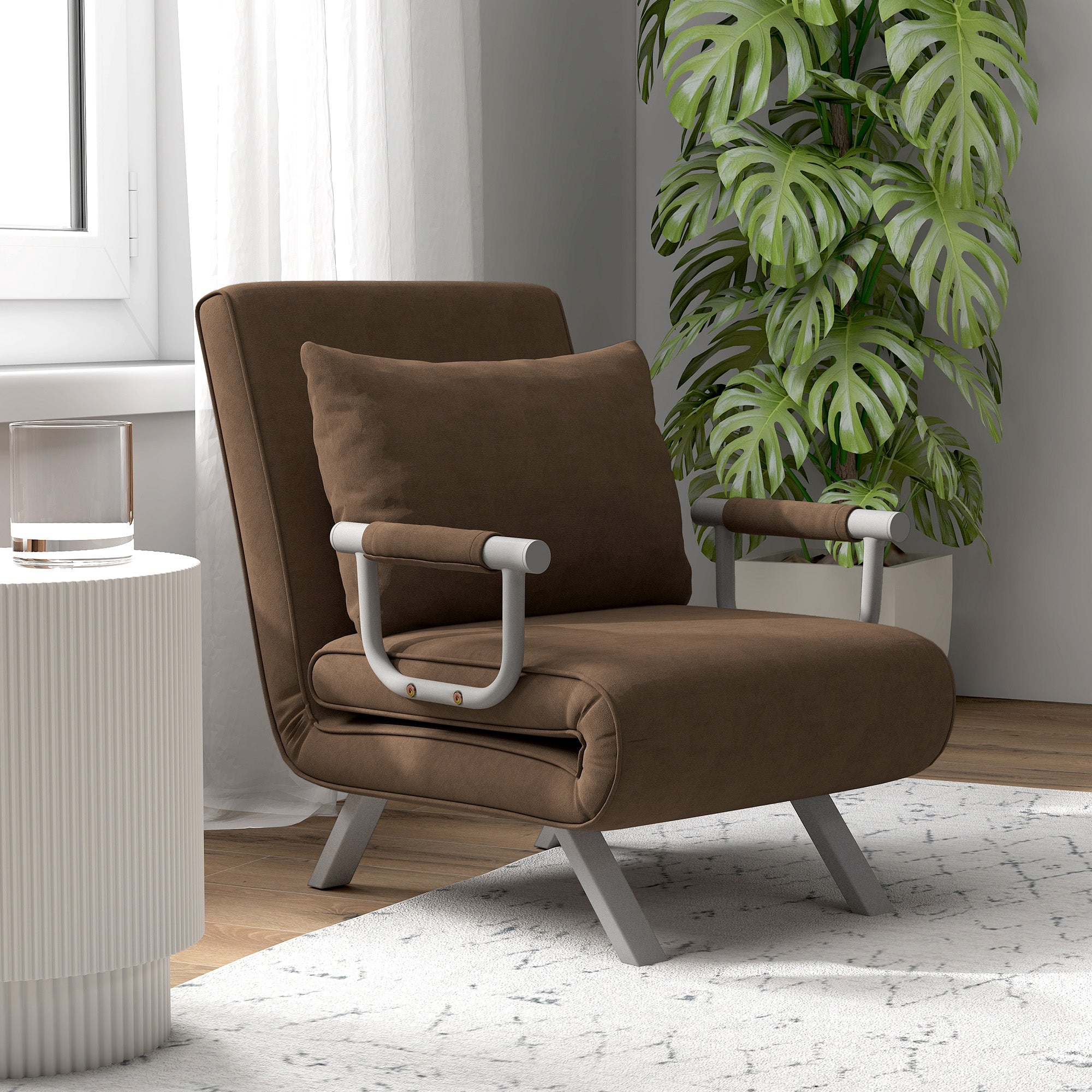 Fauteuil chauffeuse canapé-lit Convertible 1 Place déhoussable Grand Confort Coussin Pieds accoudoirs métal suède Marron