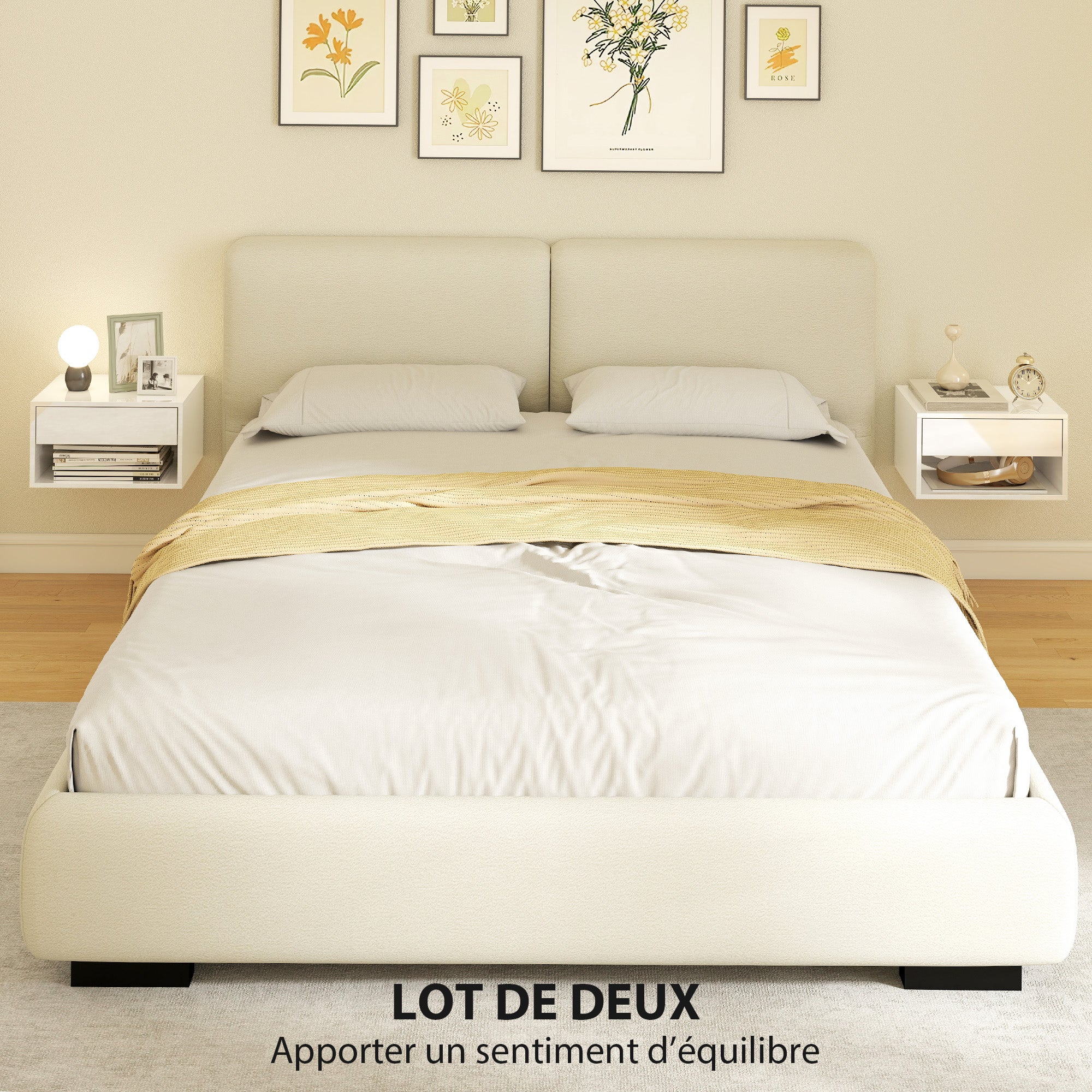 Lot de 2 tables de chevet murales, tables de nuit suspendues avec tiroir coulissant, compartiment ouvert, plateau, style moderne, 37 x 32 x 21 cm, blanc