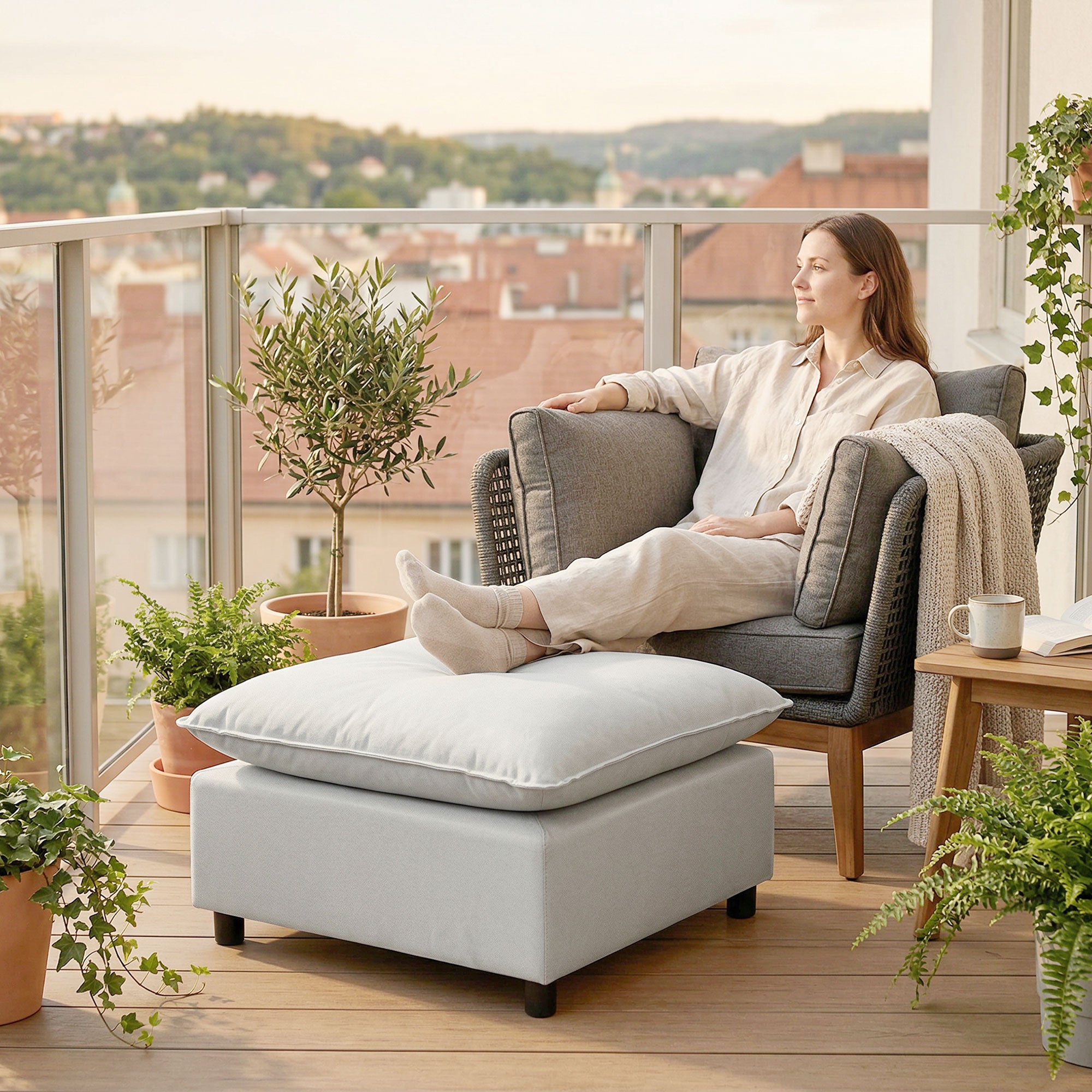 Repose pied salon carré, ottoman, siège rembourré avec pieds en plastique, pouf salon pour chambre à coucher, entrée, 75 x 75 x 40 cm, gris