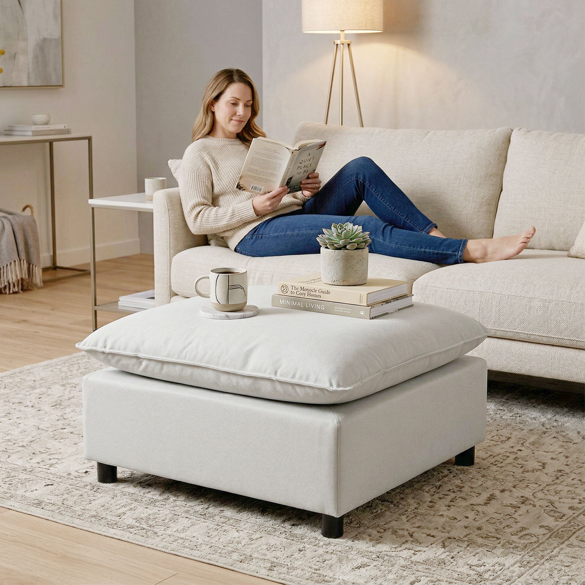 Repose pied salon carré, ottoman, siège rembourré avec pieds en plastique, pouf salon pour chambre à coucher, entrée, 75 x 75 x 40 cm, gris