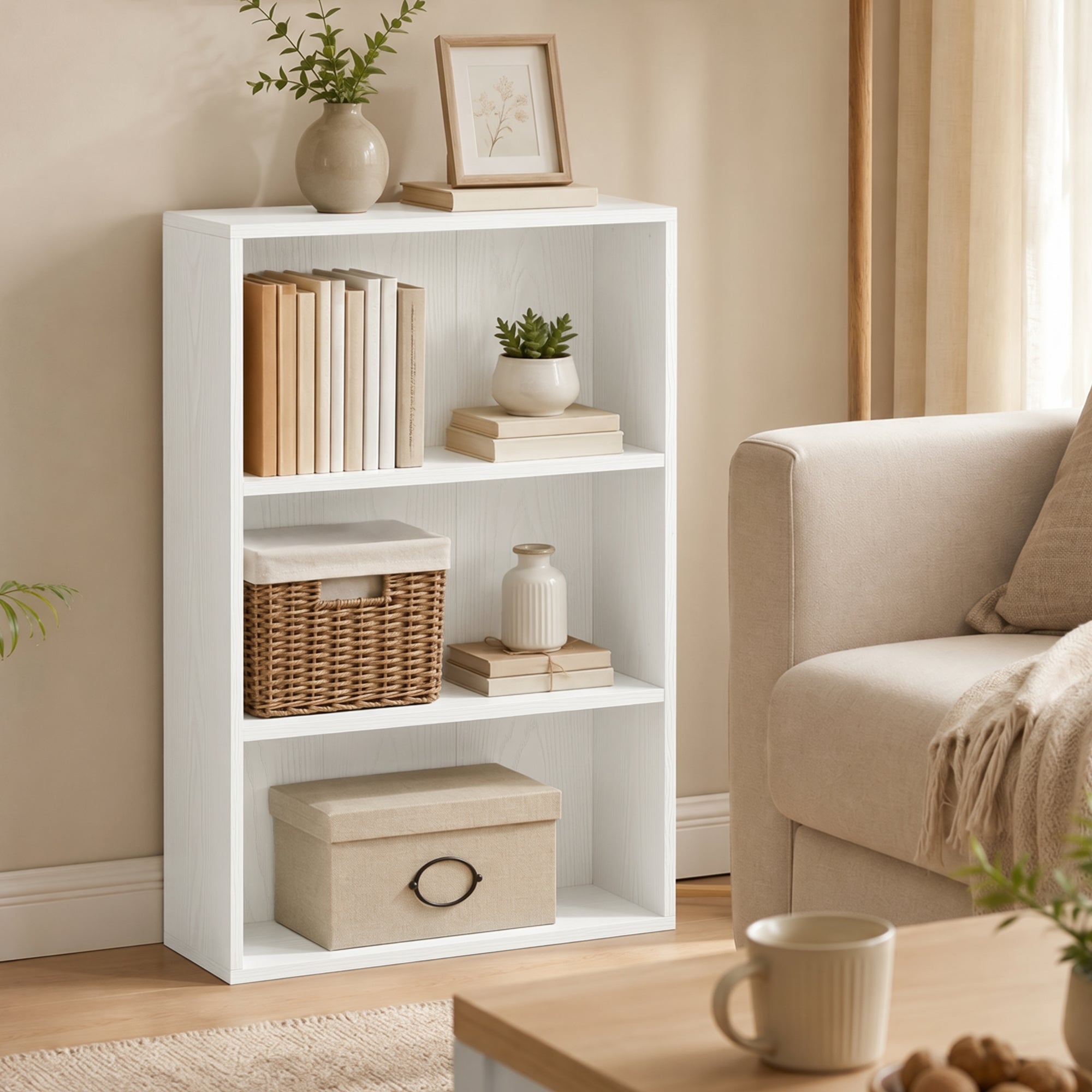 Bibliothèque étagère de rangement avec 3 compartiments et étagère réglable, meuble de rangement pour bureau, salon, chambre, 60 x 24 x 93 cm, blanc