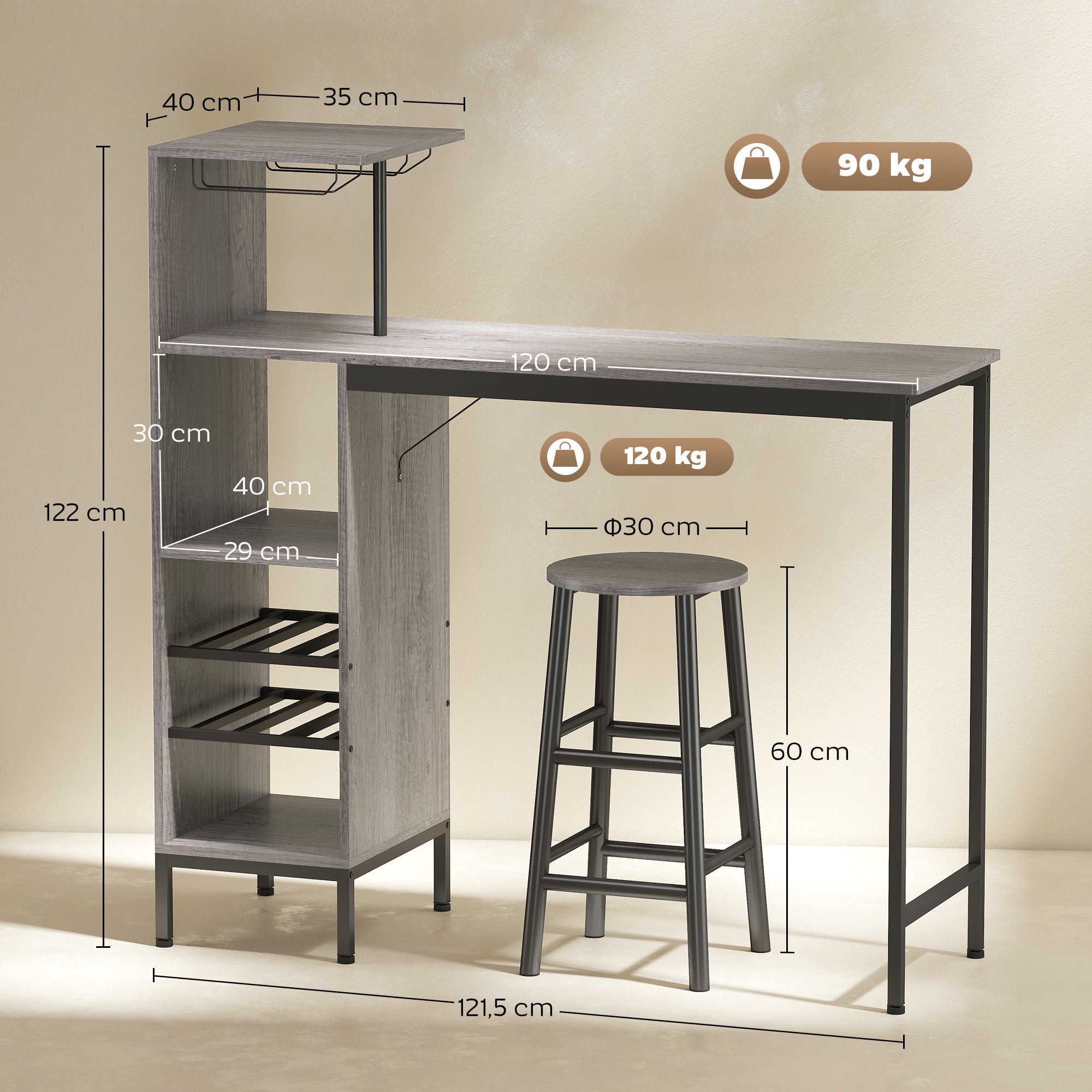 Ensemble table de bar avec tabourets, table à manger debout avec 2 chaises de bar rond avec repose-pieds, avec étagères de rangement, casiers à vin, porte-verres, effet bois naturel