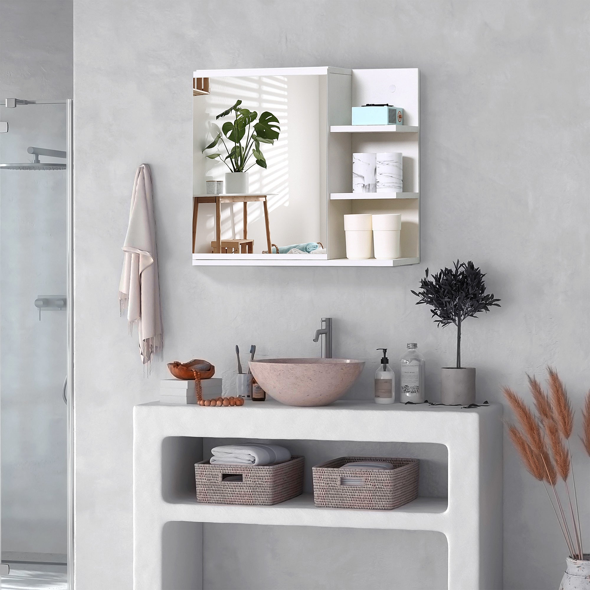 Armoire Miroir de Salle de Bain avec étagère - 3 étagères latérales - kit Installation Murale fourni - en Bois Aspect Blanc
