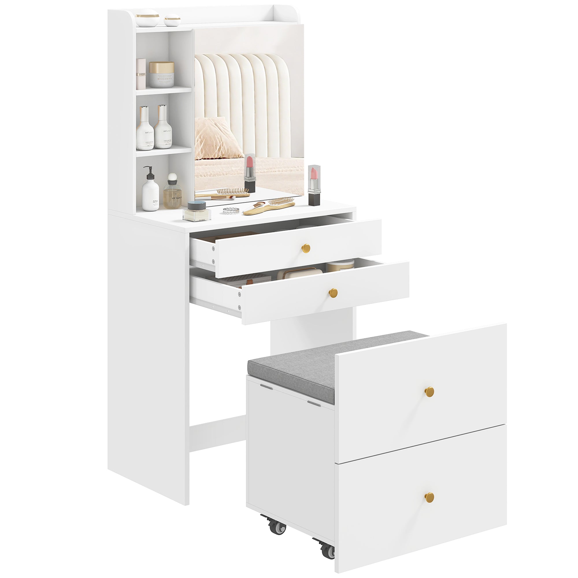 Coiffeuse avec miroir et tabouret de rangement mobile, table de maquillage compacte, tiroirs, placard, compartiments ouverts, étagère réglable, siège rembourré, pour chambre à coucher, blanc