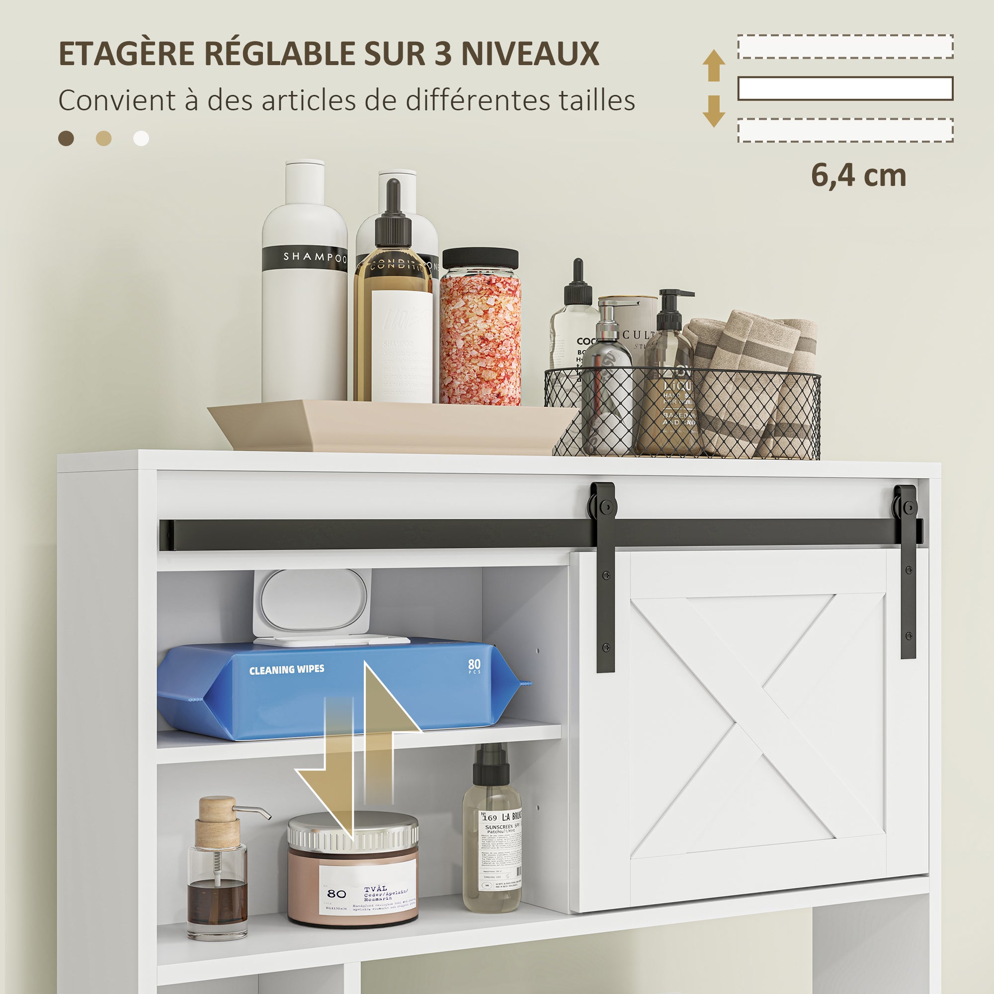 Meuble WC dessus de toilette meuble toilettes WC rangement armoire de rangement de salle de bain avec porte coulissante, compartiments et étagère réglable, blanc