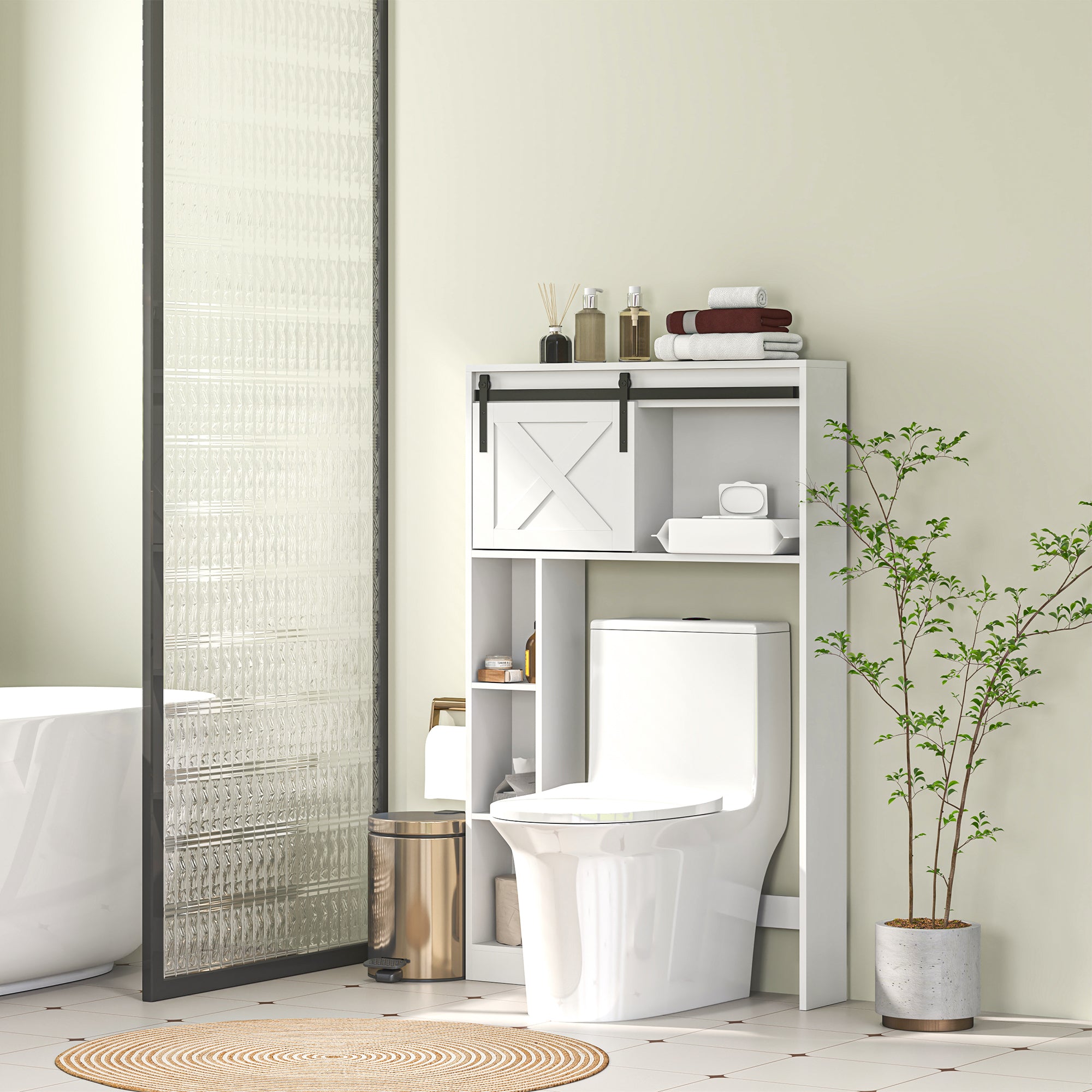 Meuble WC dessus de toilette meuble toilettes WC rangement armoire de rangement de salle de bain avec porte coulissante, compartiments et étagère réglable, blanc