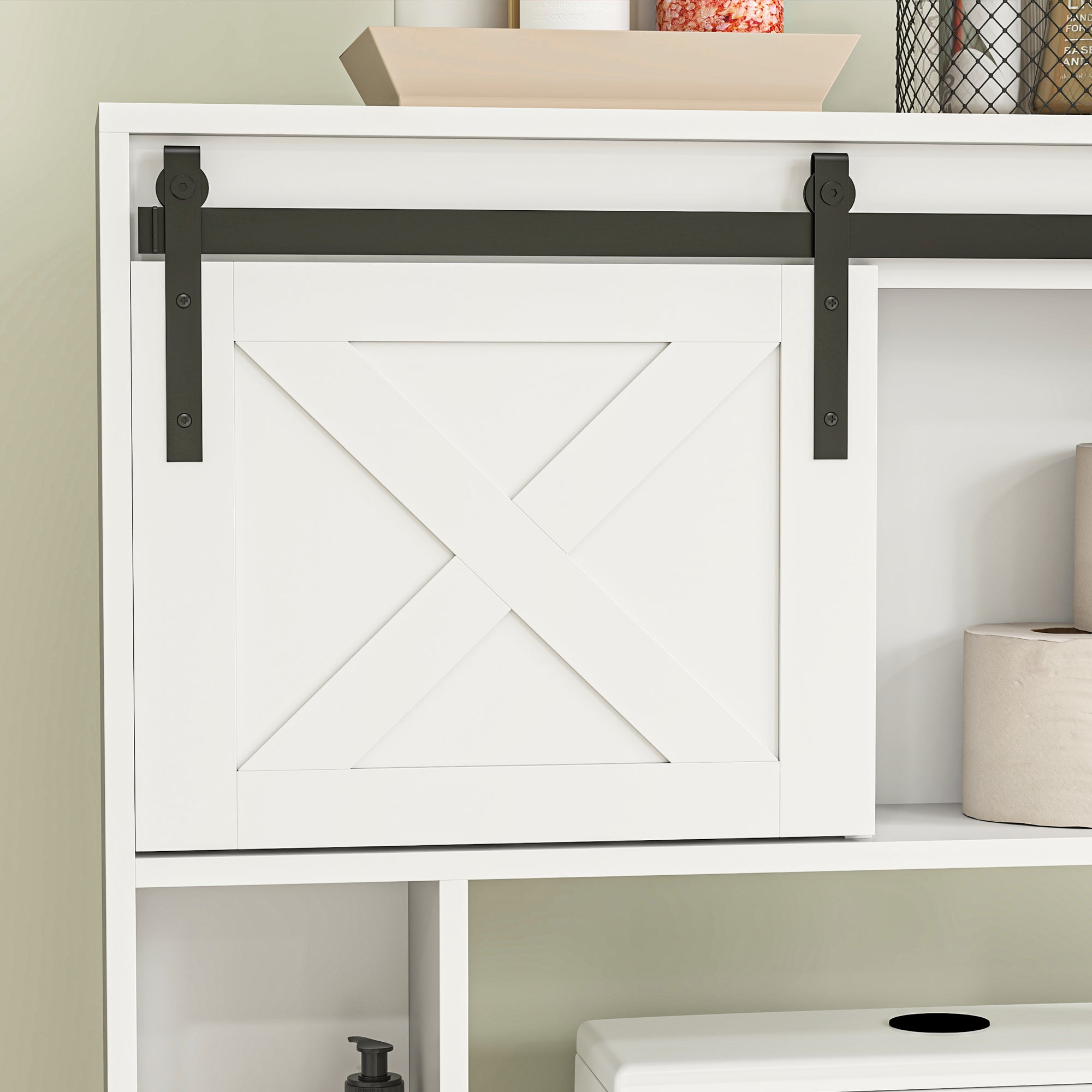 Meuble WC dessus de toilette meuble toilettes WC rangement armoire de rangement de salle de bain avec porte coulissante, compartiments et étagère réglable, blanc