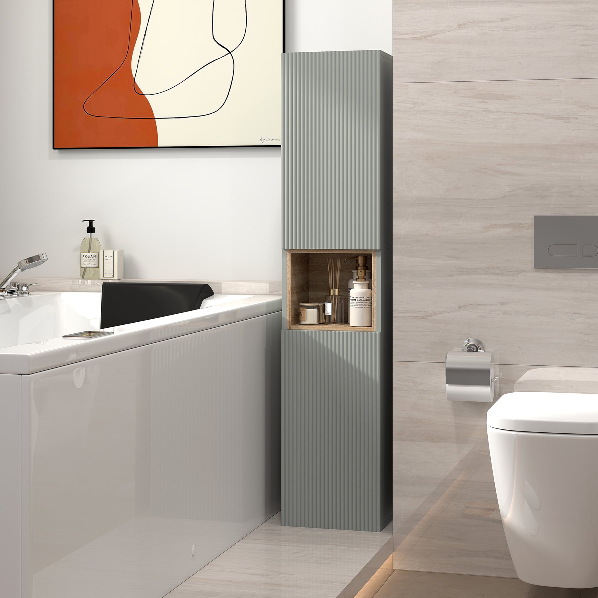 Meuble colonne salle de bain, meuble de rangement étroit avec 2 portes, compartiment ouvert et étagères réglables, pour toilette, petits espaces, 30 x 24 x 140 cm, vert