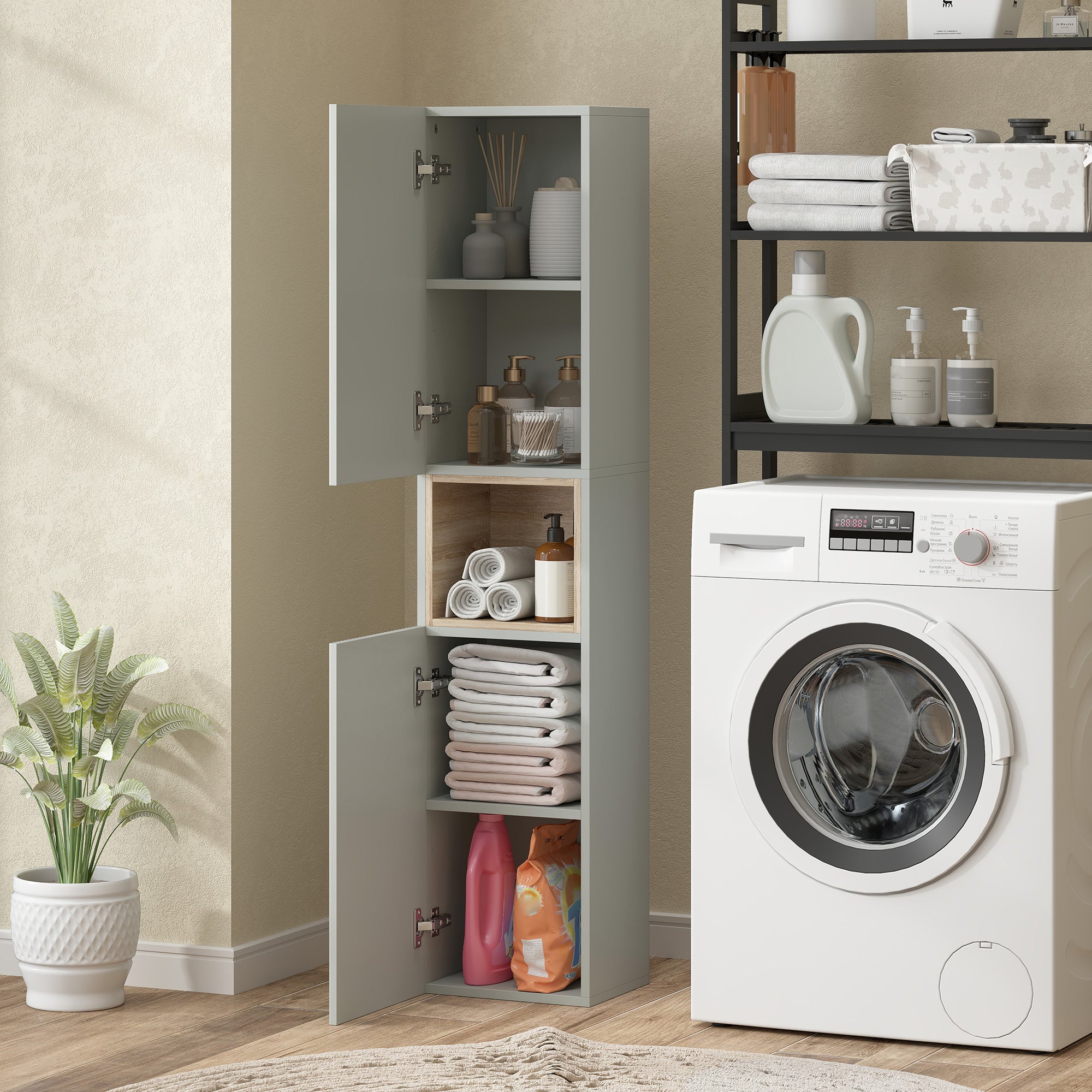 Meuble colonne salle de bain, meuble de rangement étroit avec 2 portes, compartiment ouvert et étagères réglables, pour toilette, petits espaces, 30 x 24 x 140 cm, vert