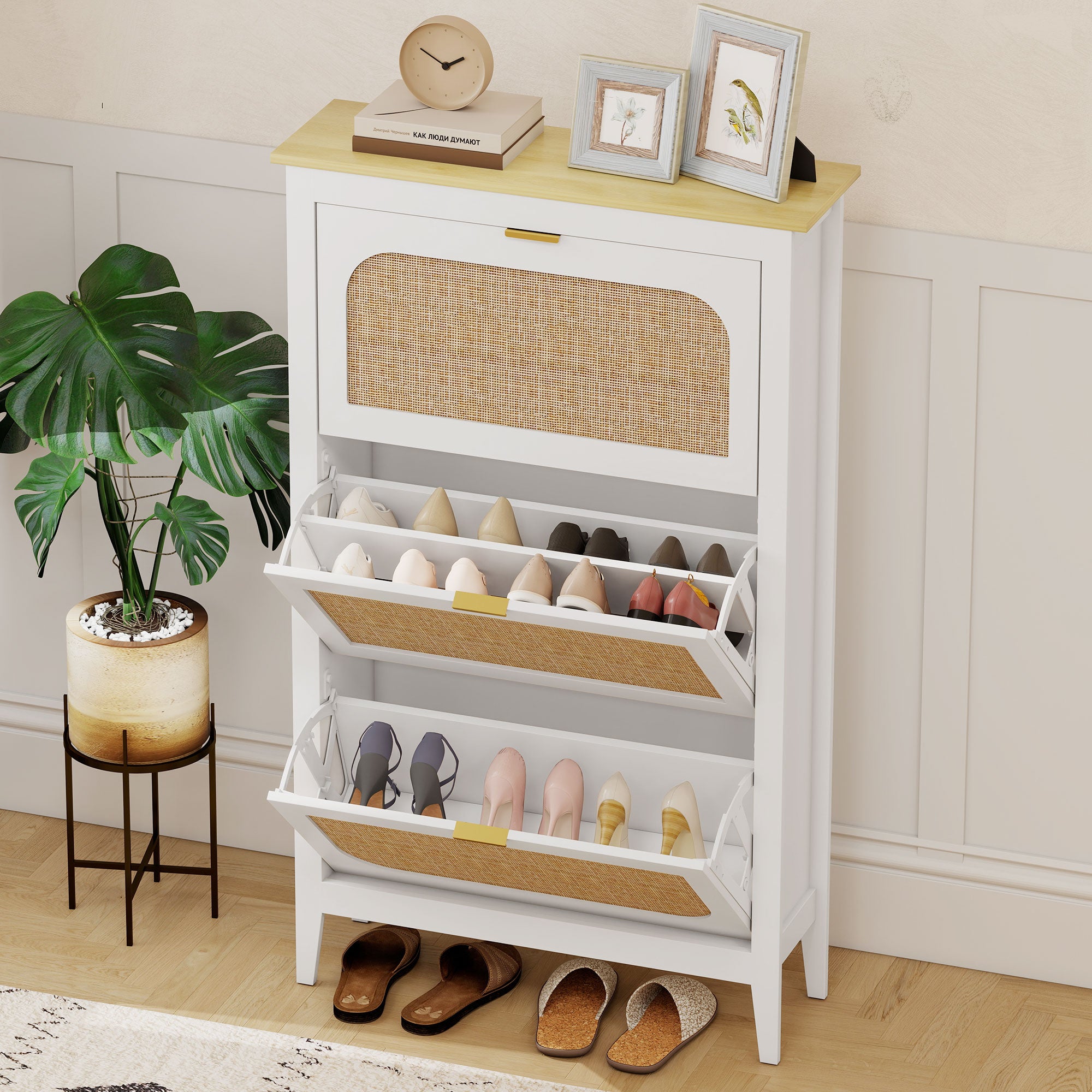 Meuble à chaussures 21 paires, armoire à chaussures étroite bohème avec 3 tiroirs rabattables, portes effet cannage rotin et étagères réglables, pour couloir et entrée, 80x24x131cm, blanc