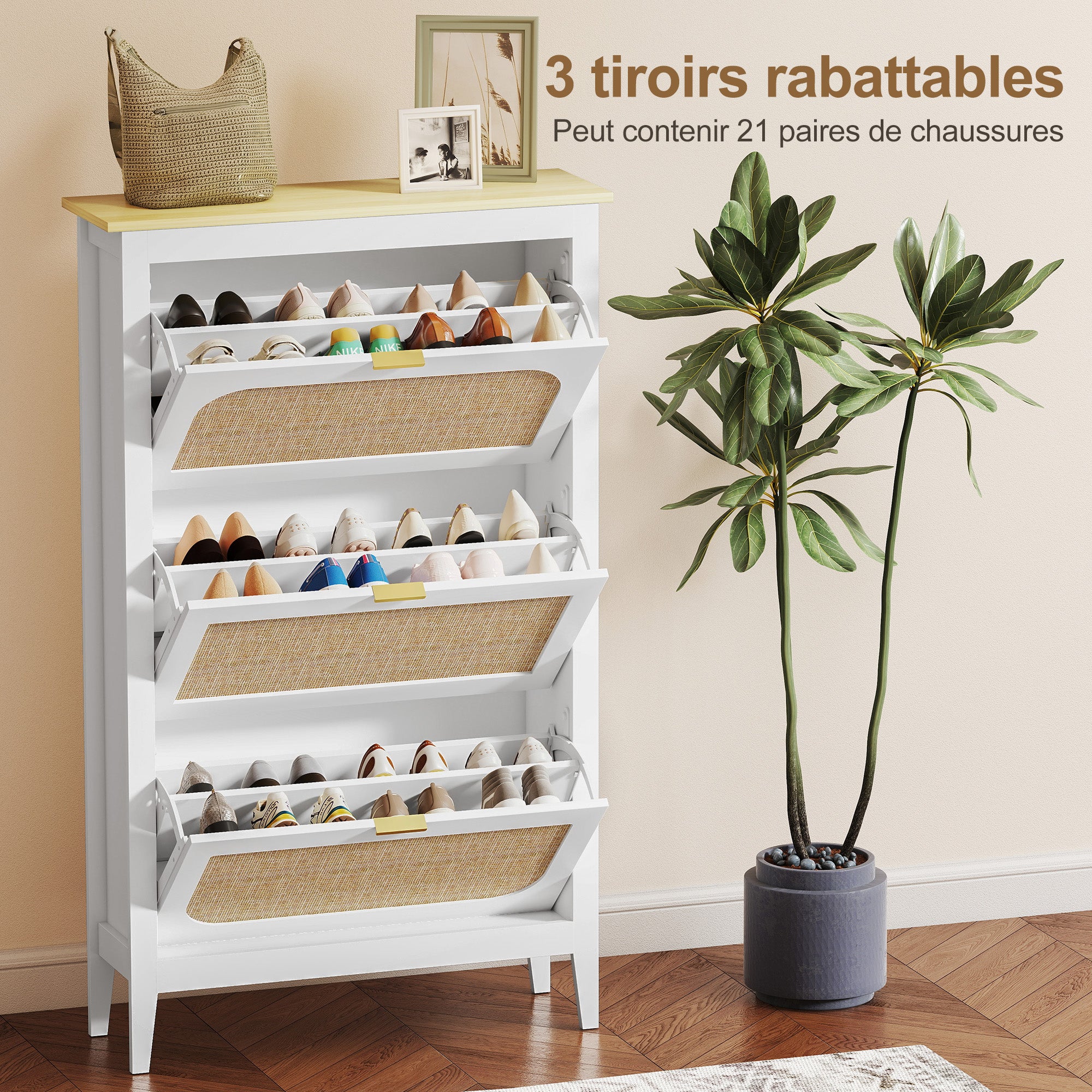Meuble à chaussures 21 paires, armoire à chaussures étroite bohème avec 3 tiroirs rabattables, portes effet cannage rotin et étagères réglables, pour couloir et entrée, 80x24x131cm, blanc