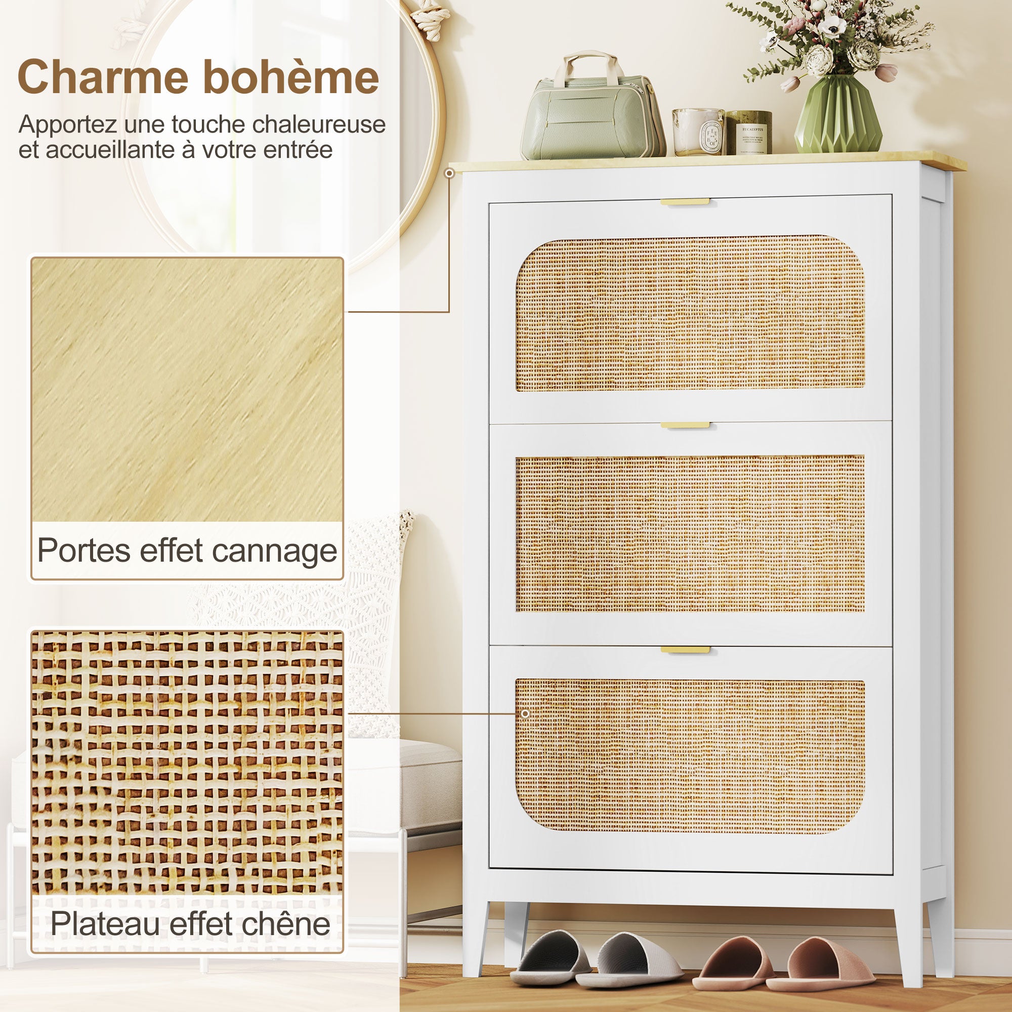 Meuble à chaussures 21 paires, armoire à chaussures étroite bohème avec 3 tiroirs rabattables, portes effet cannage rotin et étagères réglables, pour couloir et entrée, 80x24x131cm, blanc