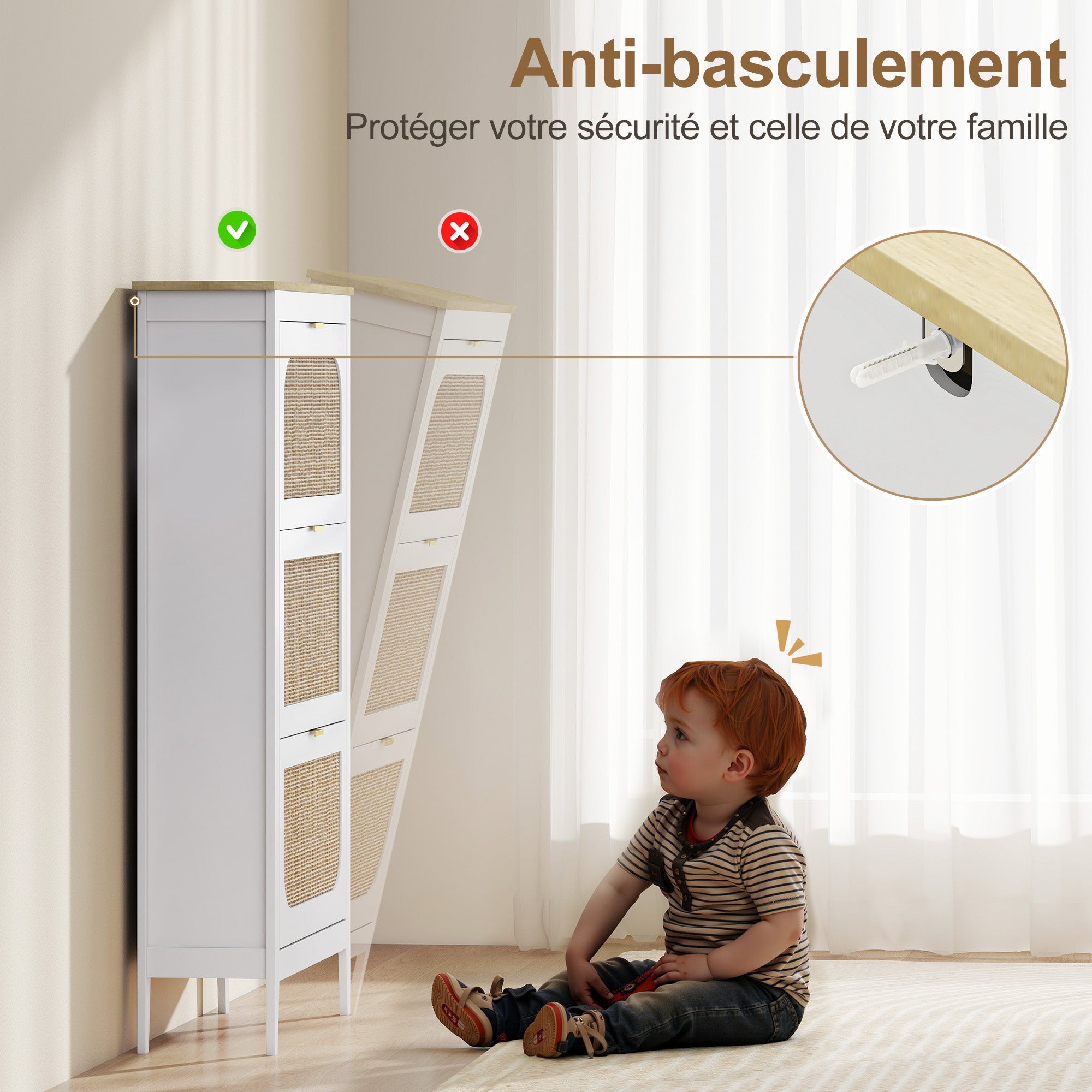 Meuble à chaussures 21 paires, armoire à chaussures étroite bohème avec 3 tiroirs rabattables, portes effet cannage rotin et étagères réglables, pour couloir et entrée, 80x24x131cm, blanc