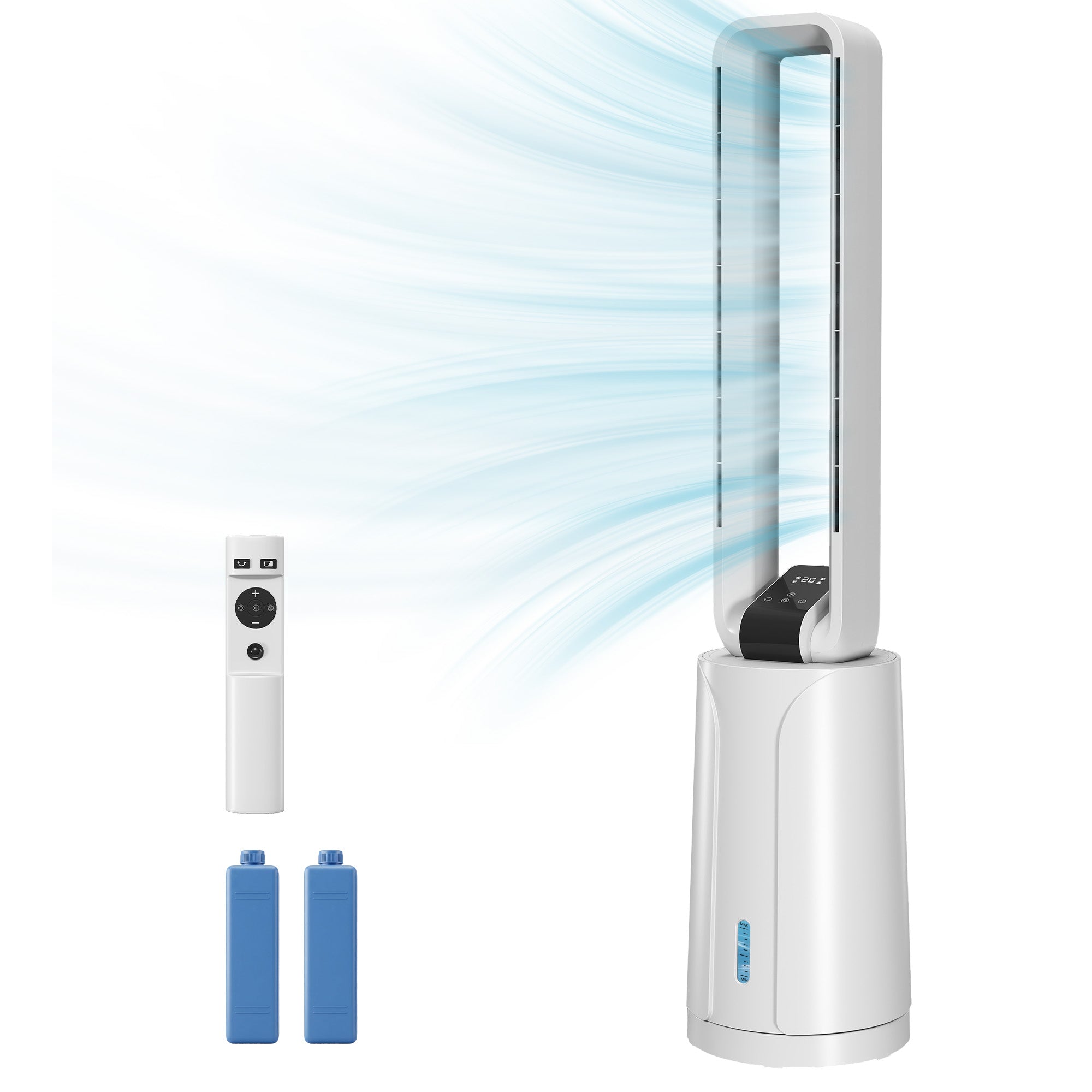 Refroidisseur d'air par évaporation portable 3 en 1 humidificateur et ventilateur, 2 blocs réfrigérants, réservoir d'eau de 1,7 L, minuterie 15 h, oscillation à 70°, télécommande, blanc