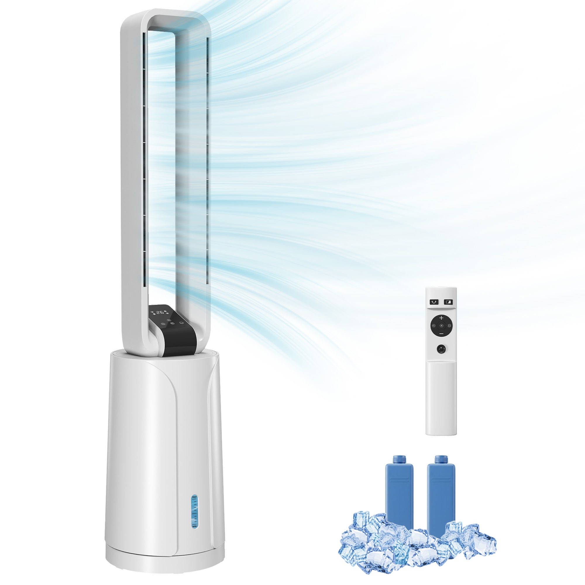 Refroidisseur d'air par évaporation portable 3 en 1 humidificateur et ventilateur, 2 blocs réfrigérants, réservoir d'eau de 1,7 L, minuterie 15 h, oscillation à 70°, télécommande, blanc