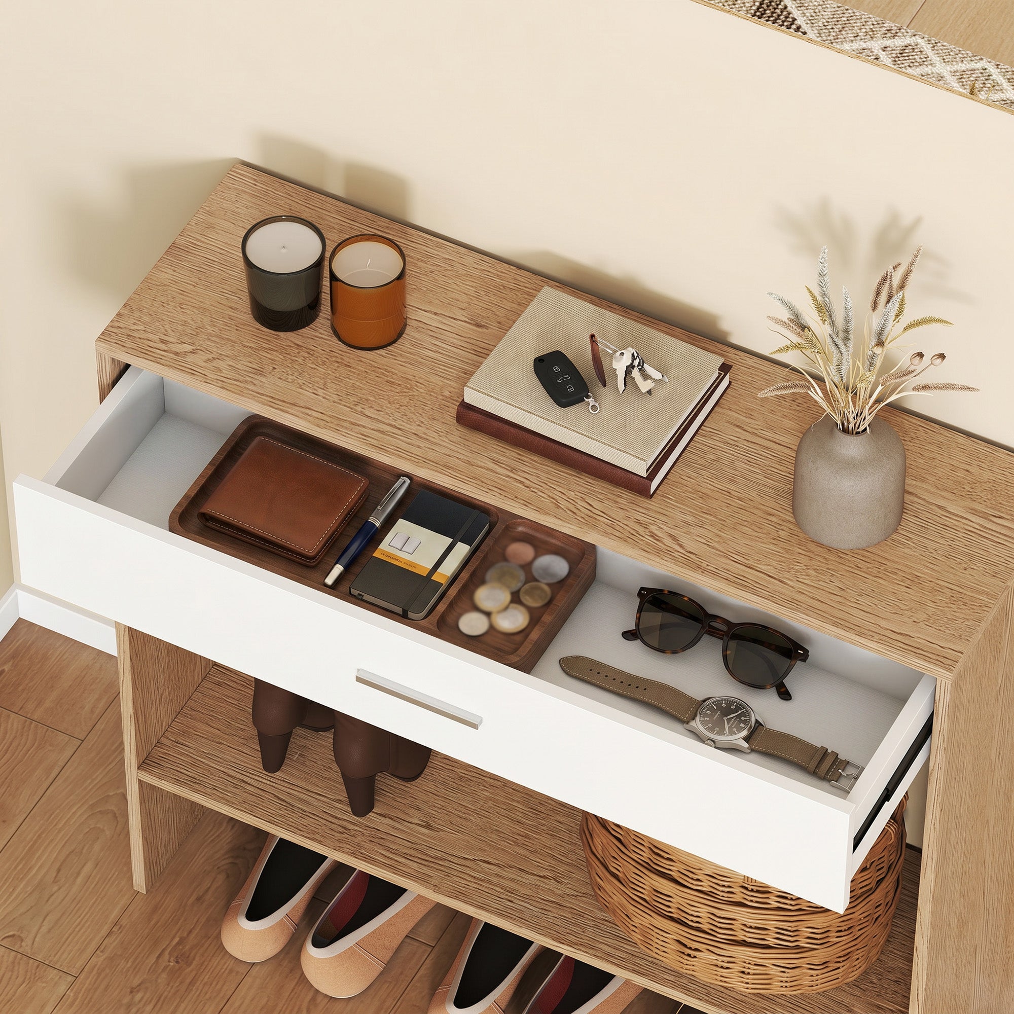 Console meuble + miroir, table console étroite avec tiroir et étagère, style moderne, table d'entrée, couloir, salon, petits espaces, 91,5 x 27,9 x 85,5 cm, chêne