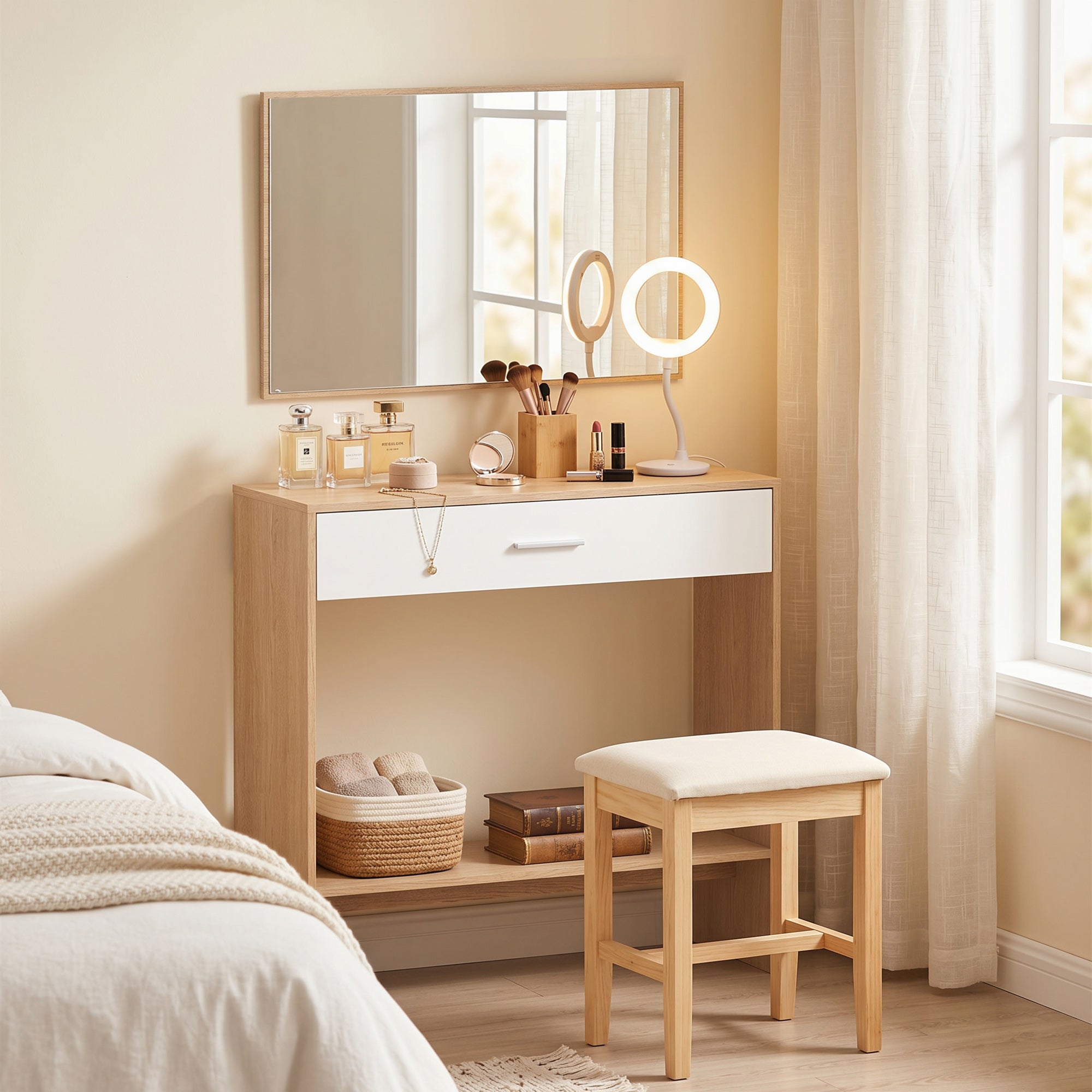 Console meuble + miroir, table console étroite avec tiroir et étagère, style moderne, table d'entrée, couloir, salon, petits espaces, 91,5 x 27,9 x 85,5 cm, chêne
