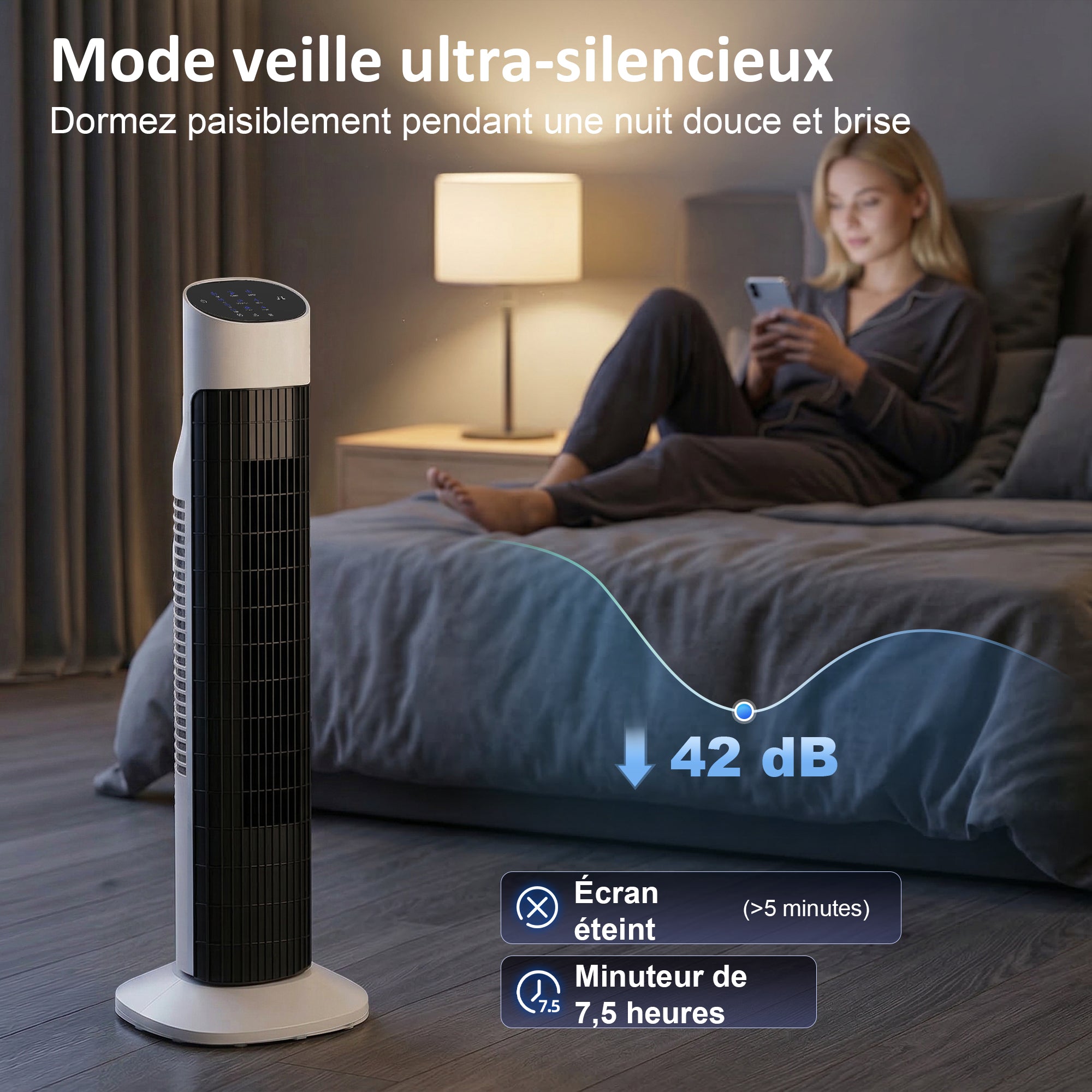 Ventilateur colonne, ventilateur tour pour chambre, 80 cm de haut, oscillant à 70°, écran LED, télécommande, 3 vitesses, minuterie 12H, blanc et noir