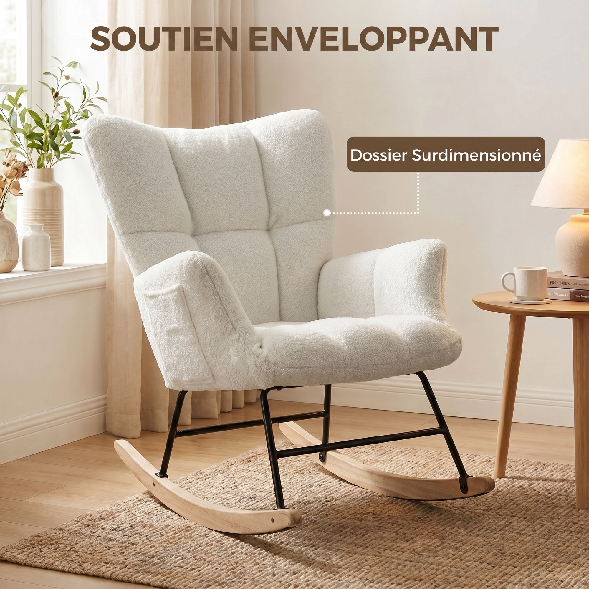 Fauteuil à Bascule, Rocking Chair en Peluche Teddy, Poches Latérales, Dossier à Oreilles Capitonné, Assise Rembourrée, Pieds en Bois d'hévéa, Chaise à Bascule Moderne pour Salon, Chambre, Crème