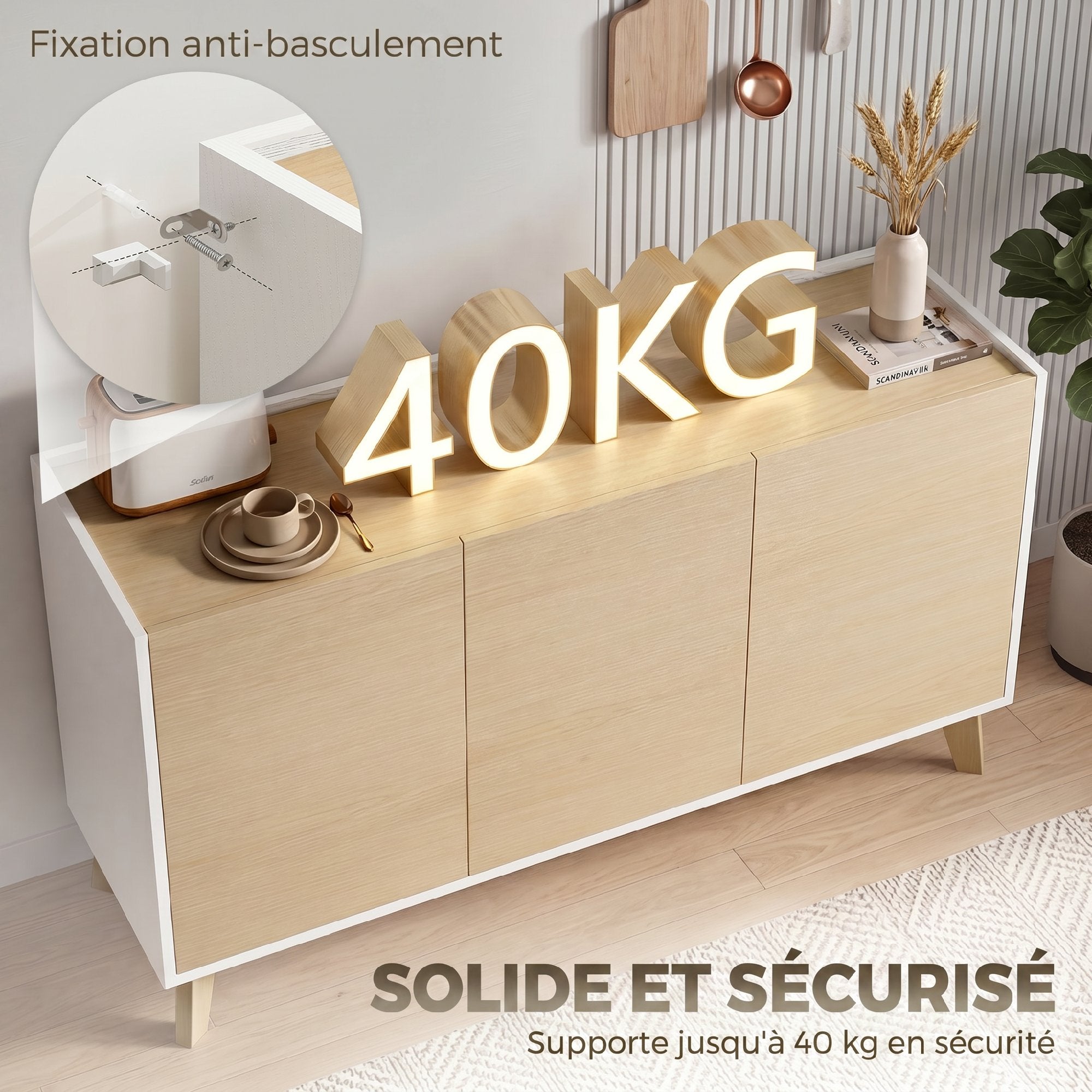 Buffet Cuisine, Meuble de Rangement Nordique, 3 Portes à Fermeture Douce, 6 Compartiments, Meuble TV pour Téléviseurs 50 Pouces, pour Salon et Chambre, 120x35x73,5cm, Bois Naturel et Blanc