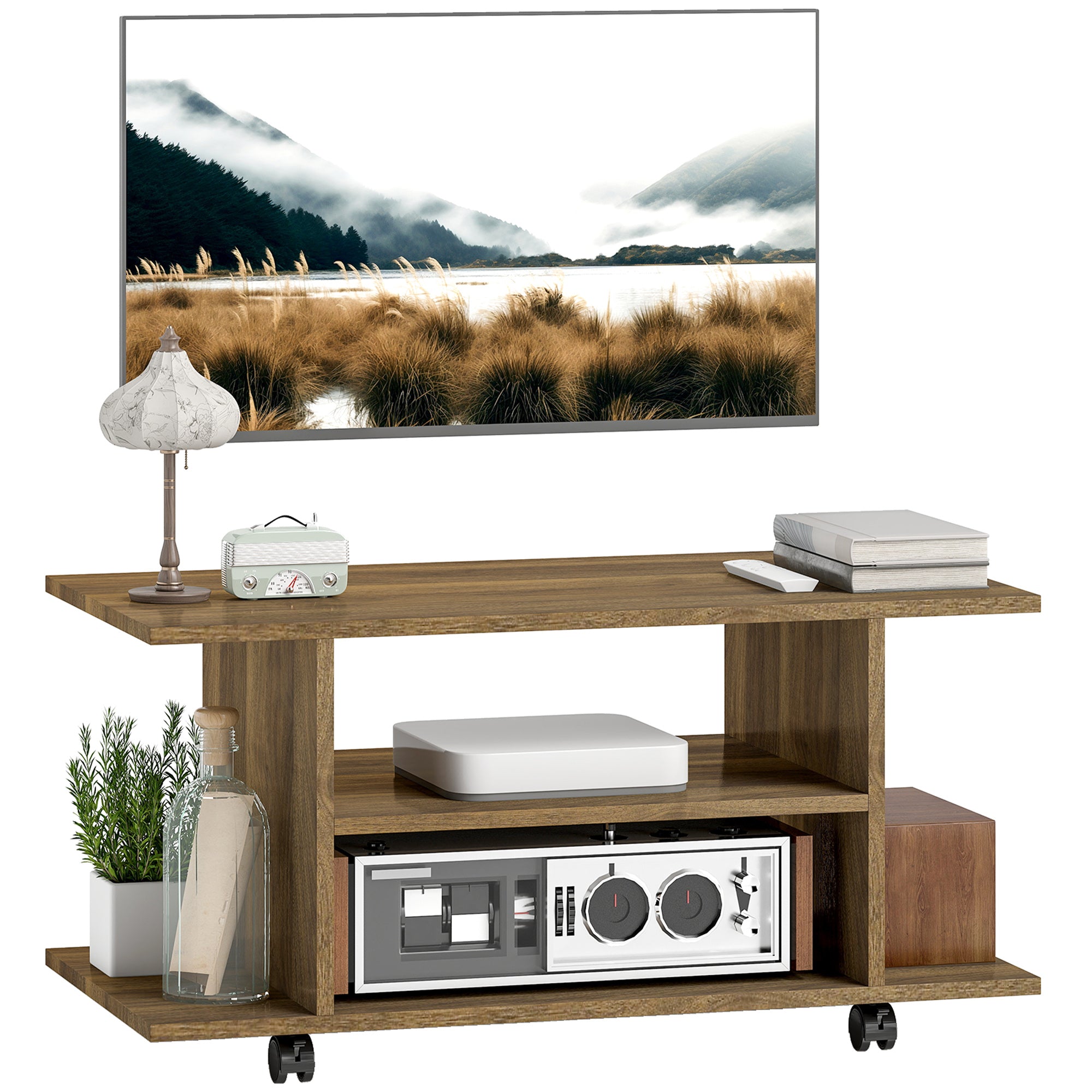 Meuble TV avec roulettes 80 cm, meuble télé pour téléviseur jusqu'à 42 pouces avec étagères ouvertes, style moderne, banc TV pour salon, chambre, noir