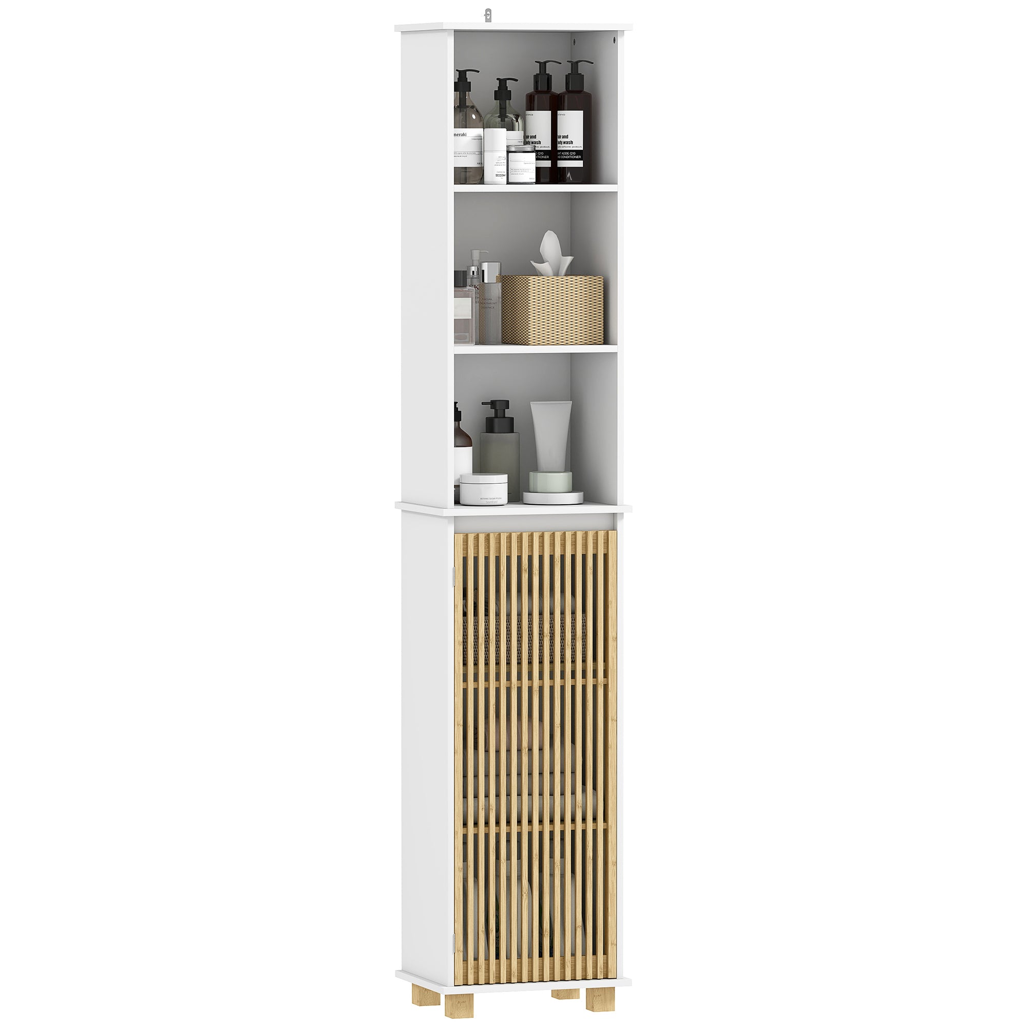 Colonne salle de bain, meuble salle de bain rangement, meuble de rangement avec porte à lattes en bambou et compartiments ouverts, armoire haute pour salon, cuisine - 35 x 26 x 173 cm, blanc