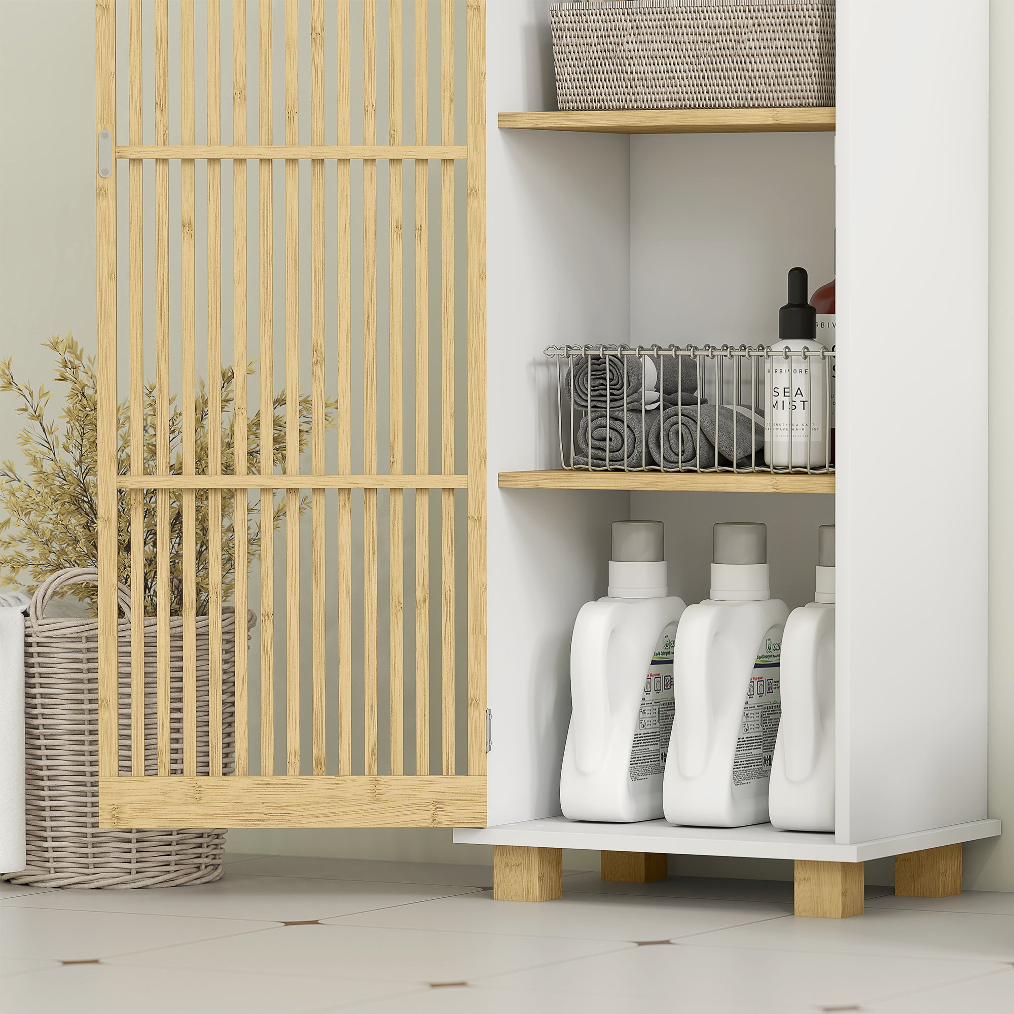 Colonne salle de bain, meuble salle de bain rangement, meuble de rangement avec porte à lattes en bambou et compartiments ouverts, armoire haute pour salon, cuisine - 35 x 26 x 173 cm, blanc