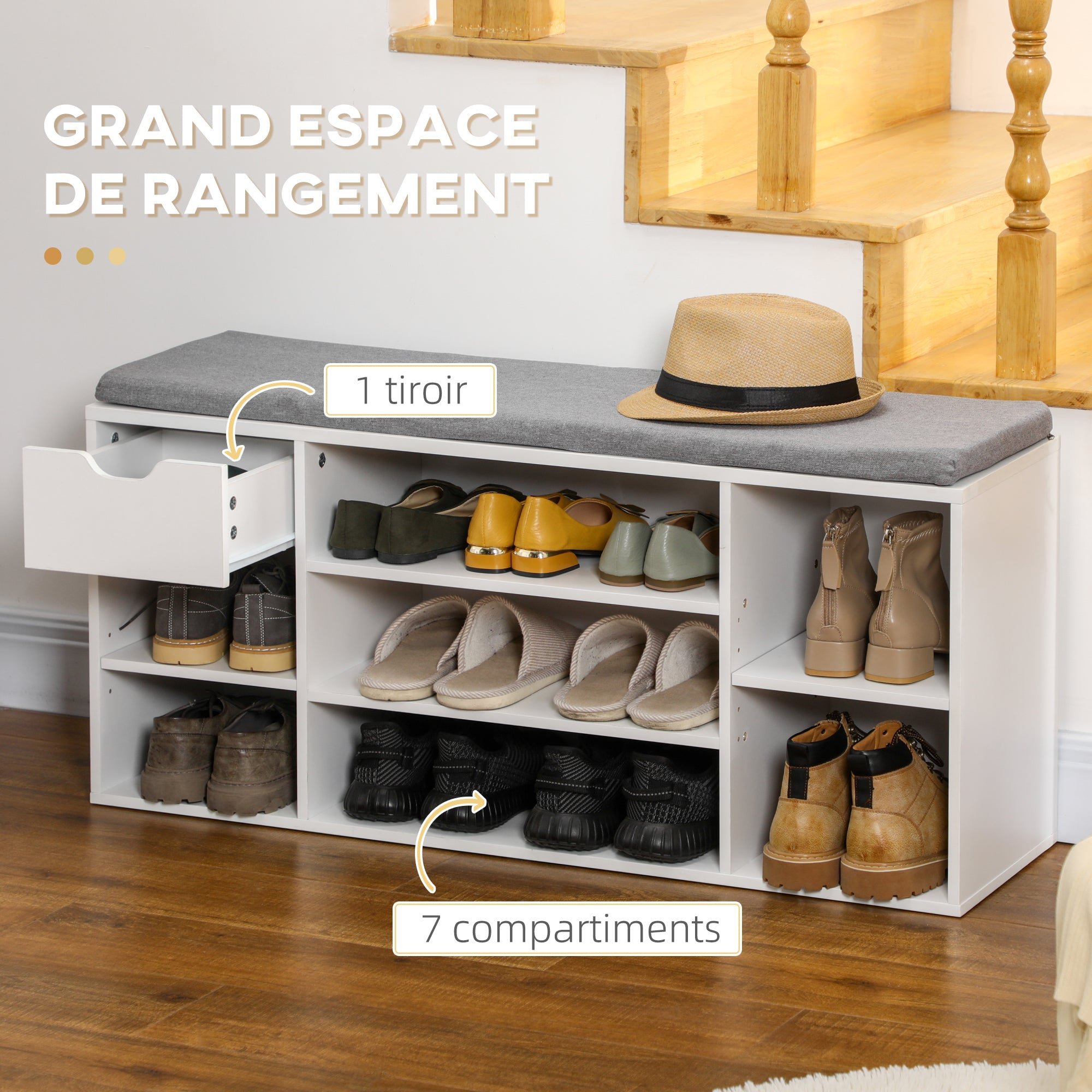 Banc à chaussures meuble à chaussures avec coussin d'assise, étagères réglables, compartiments ouverts et tiroir, banc d'entrée, couloir, chambre, 101 x 29 x 47,5 cm, blanc et gris
