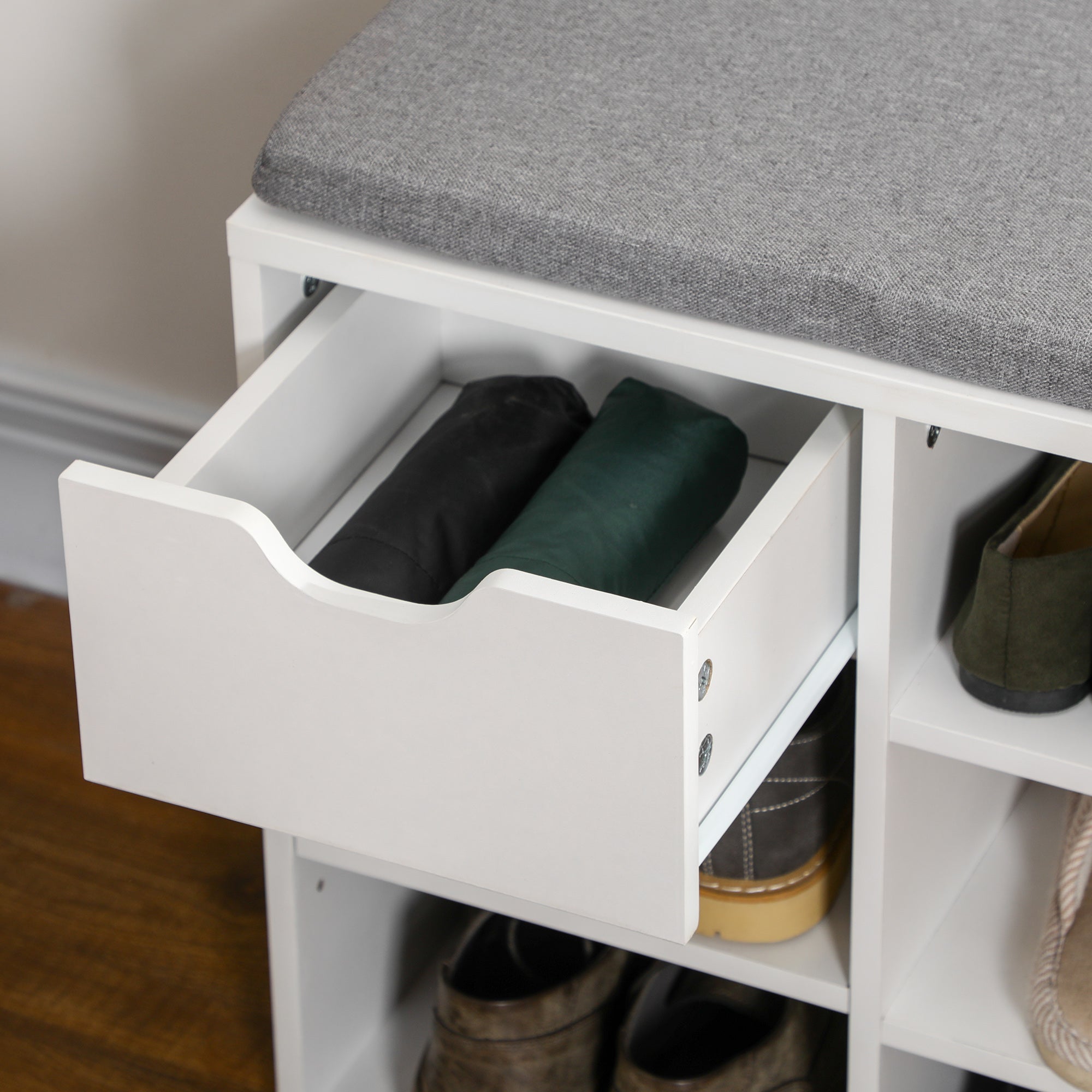 Banc à chaussures meuble à chaussures avec coussin d'assise, étagères réglables, compartiments ouverts et tiroir, banc d'entrée, couloir, chambre, 101 x 29 x 47,5 cm, blanc et gris