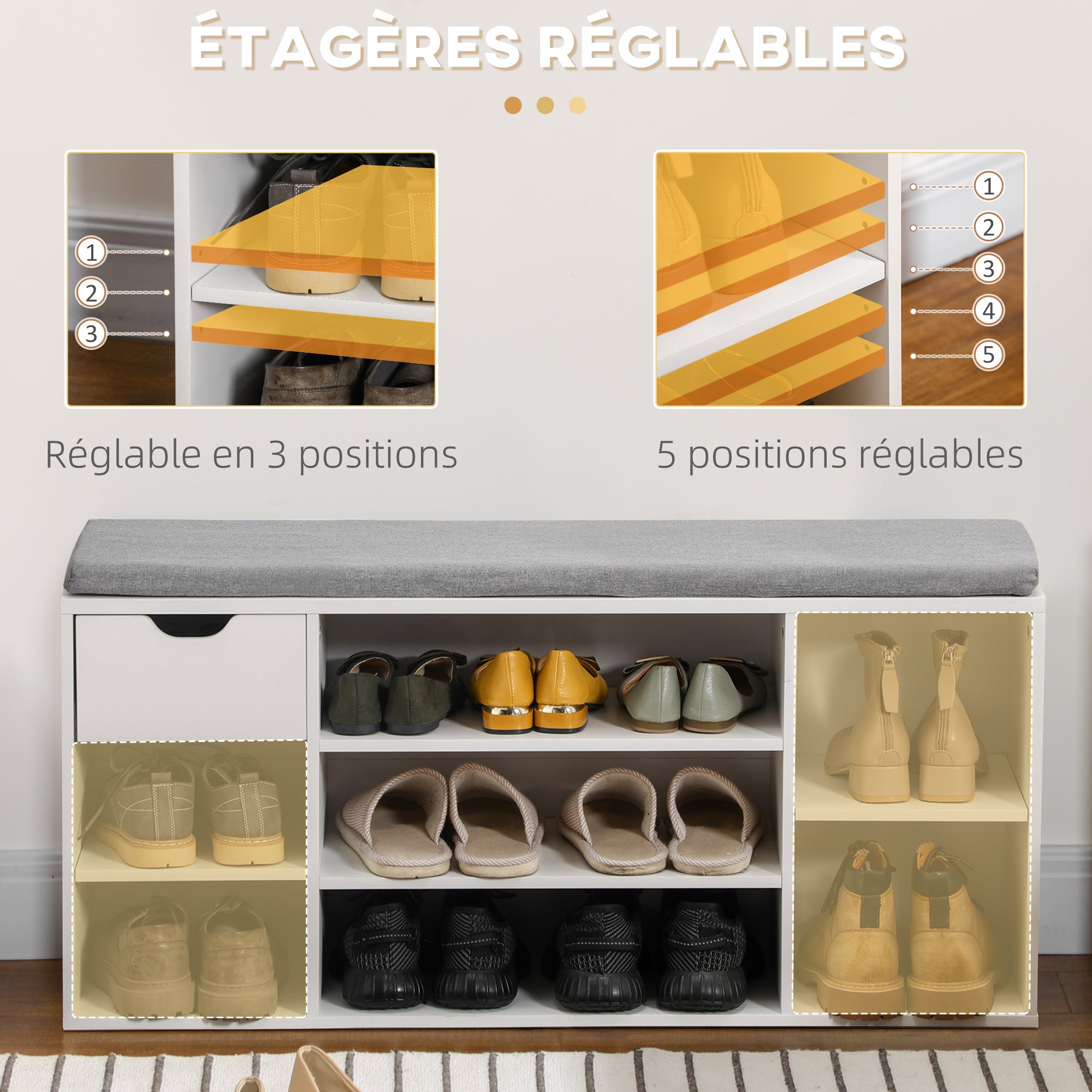 Banc à chaussures meuble à chaussures avec coussin d'assise, étagères réglables, compartiments ouverts et tiroir, banc d'entrée, couloir, chambre, 101 x 29 x 47,5 cm, blanc et gris