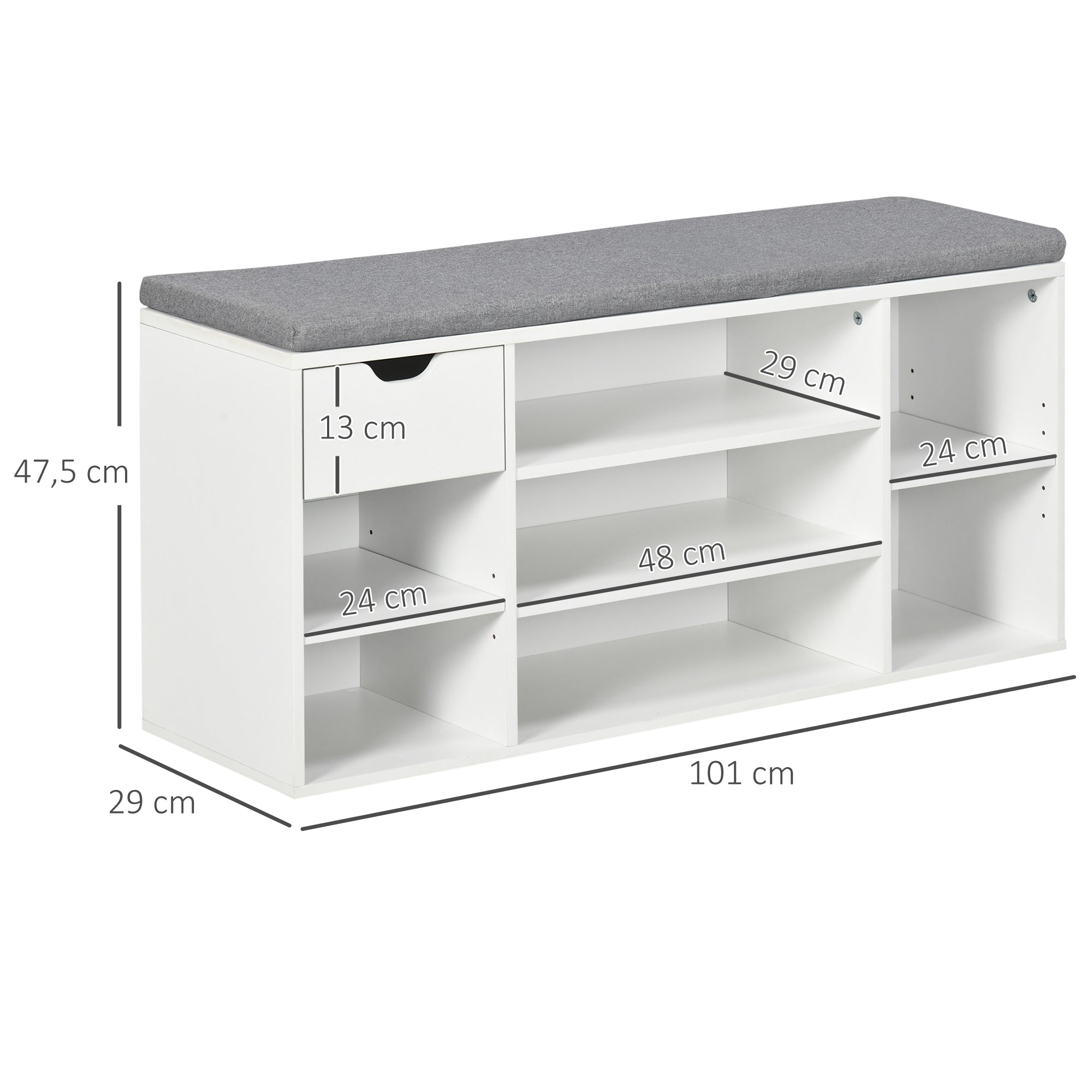 Banc à chaussures meuble à chaussures avec coussin d'assise, étagères réglables, compartiments ouverts et tiroir, banc d'entrée, couloir, chambre, 101 x 29 x 47,5 cm, blanc et gris