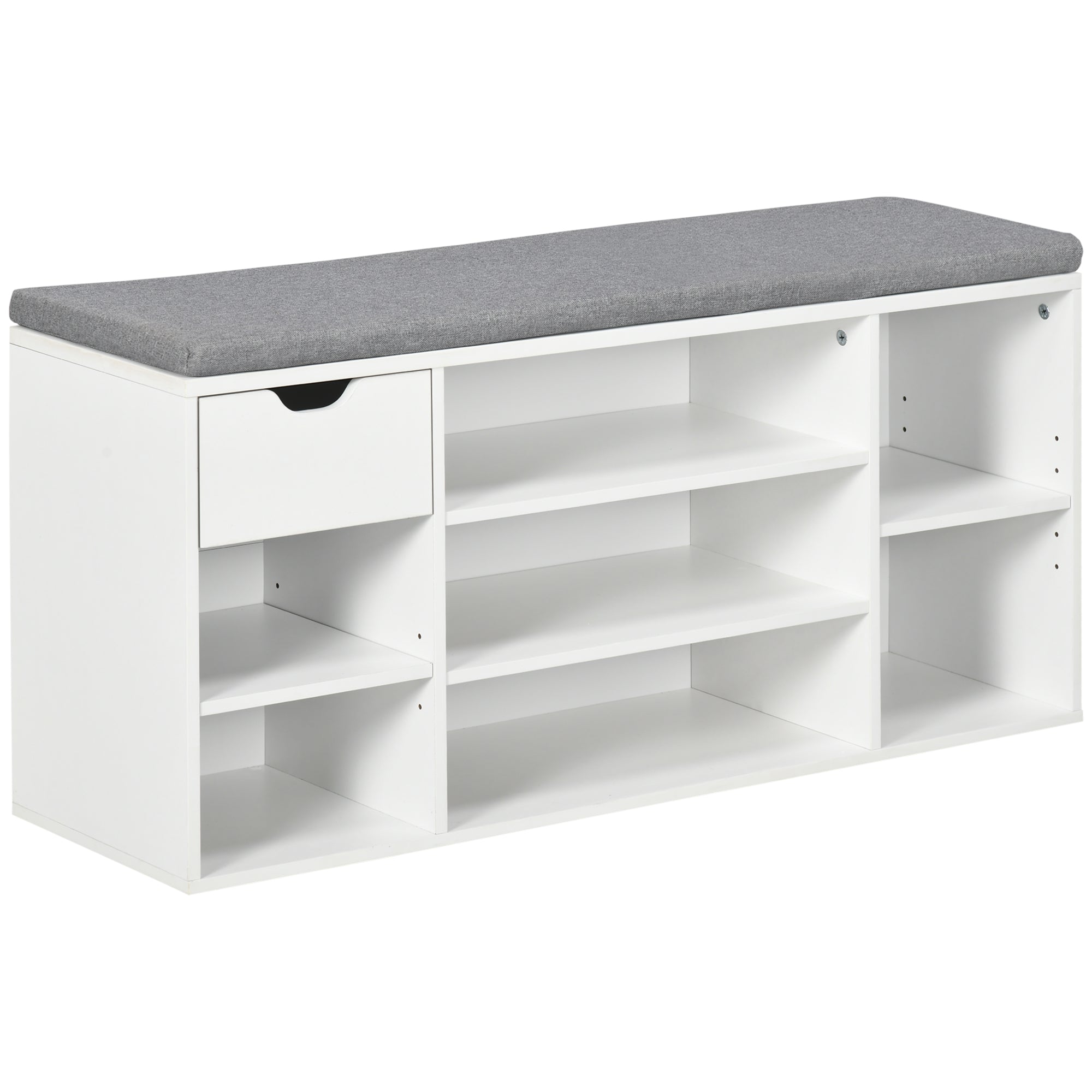 Banc à chaussures meuble à chaussures avec coussin d'assise, étagères réglables, compartiments ouverts et tiroir, banc d'entrée, couloir, chambre, 101 x 29 x 47,5 cm, blanc et gris