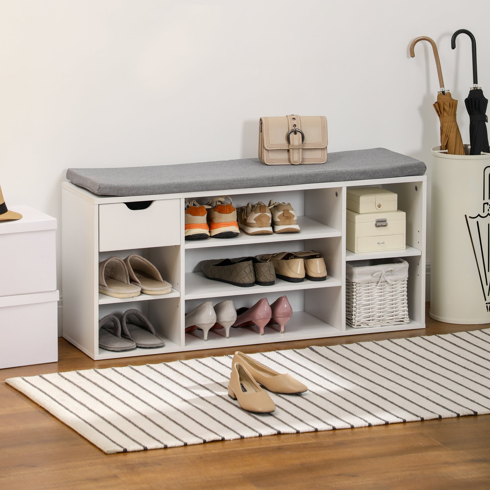Banc à chaussures meuble à chaussures avec coussin d'assise, étagères réglables, compartiments ouverts et tiroir, banc d'entrée, couloir, chambre, 101 x 29 x 47,5 cm, blanc et gris