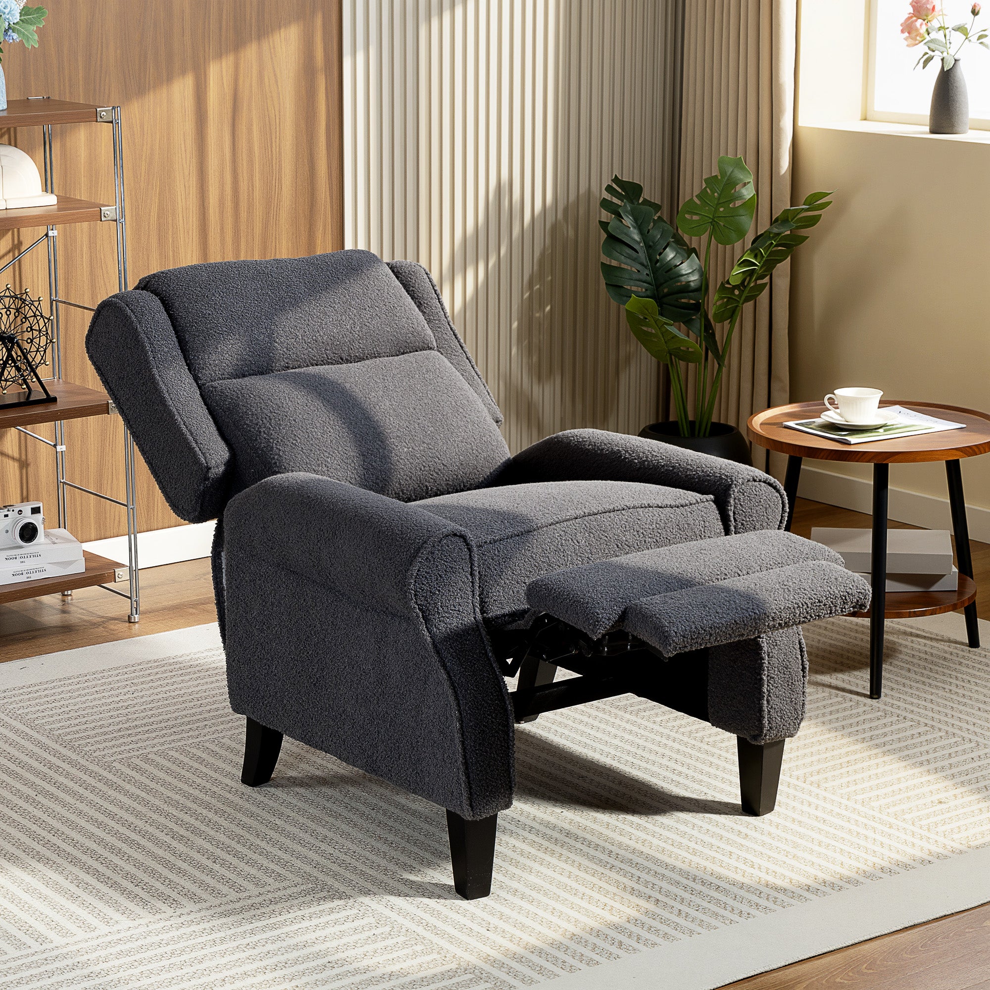 Fauteuil inclinable en polaire Teddy, fauteuil de relaxation avec repose-pieds extensible, assise rembourrée, Ressorts ensachés, pour salon, bureau, home cinéma, gris foncé