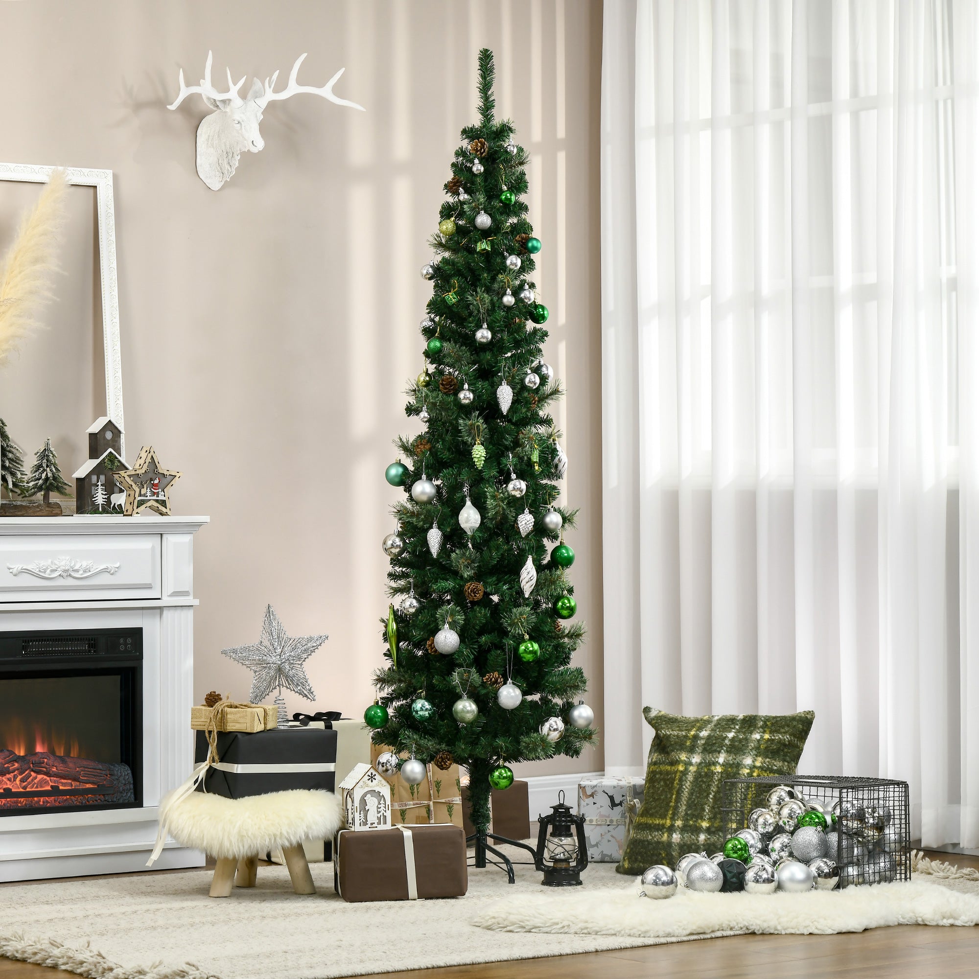 Sapin arbre de Noël artificiel 195 cm 556 branches avec 27 pommes de pin+ support pied pliable vert
