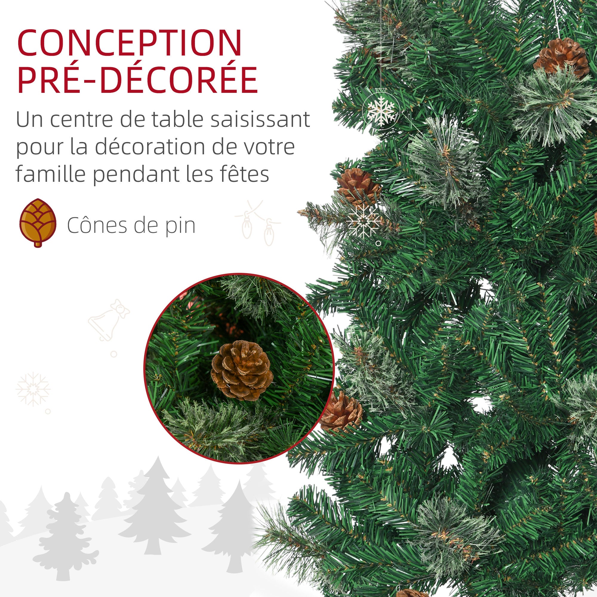 Sapin arbre de Noël artificiel 195 cm 556 branches avec 27 pommes de pin+ support pied pliable vert